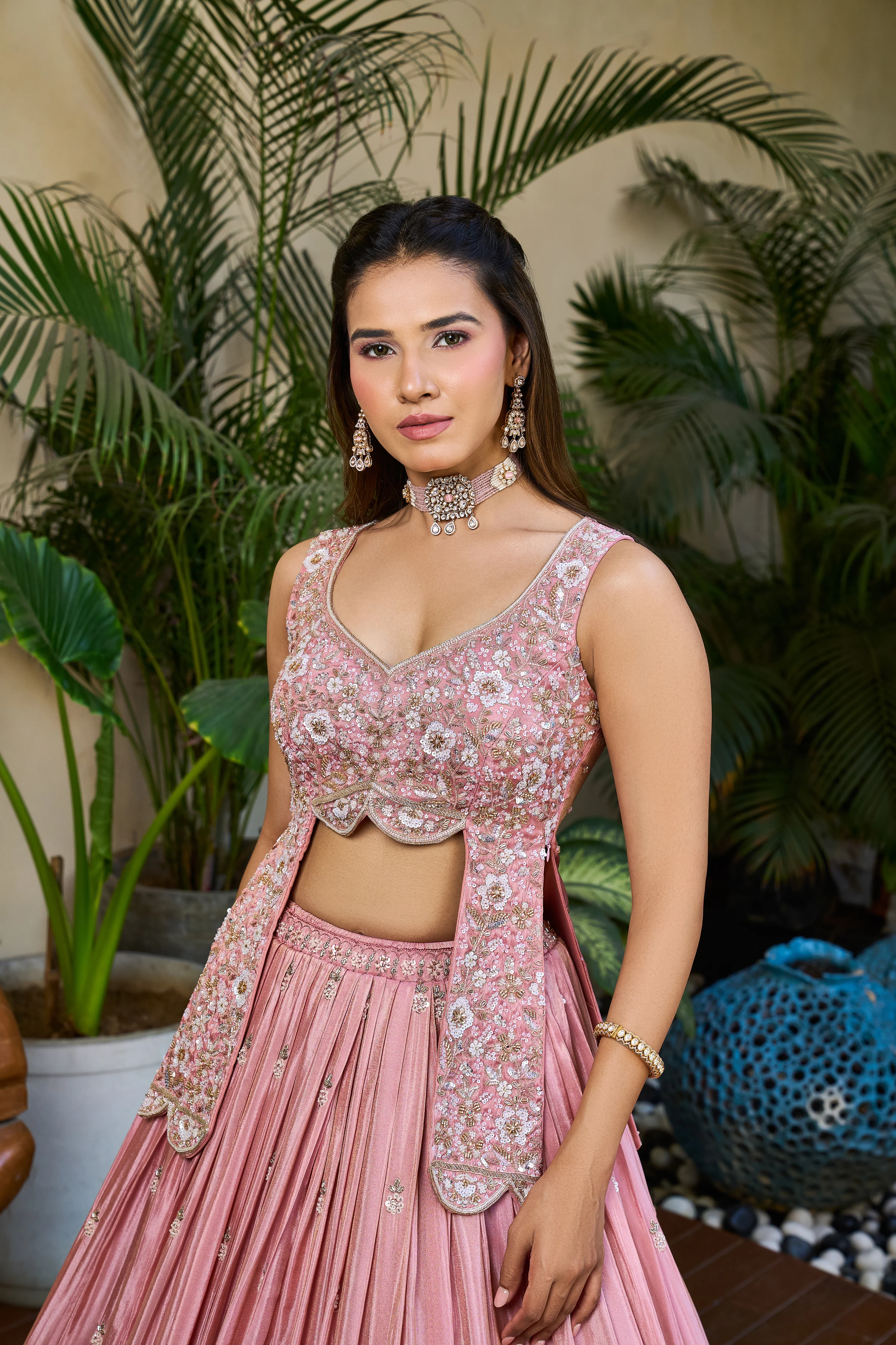 Blush Pink Designer Lehenga Set with Embroidered Cutwork Blouse & Floral Border Skirt - Image 2