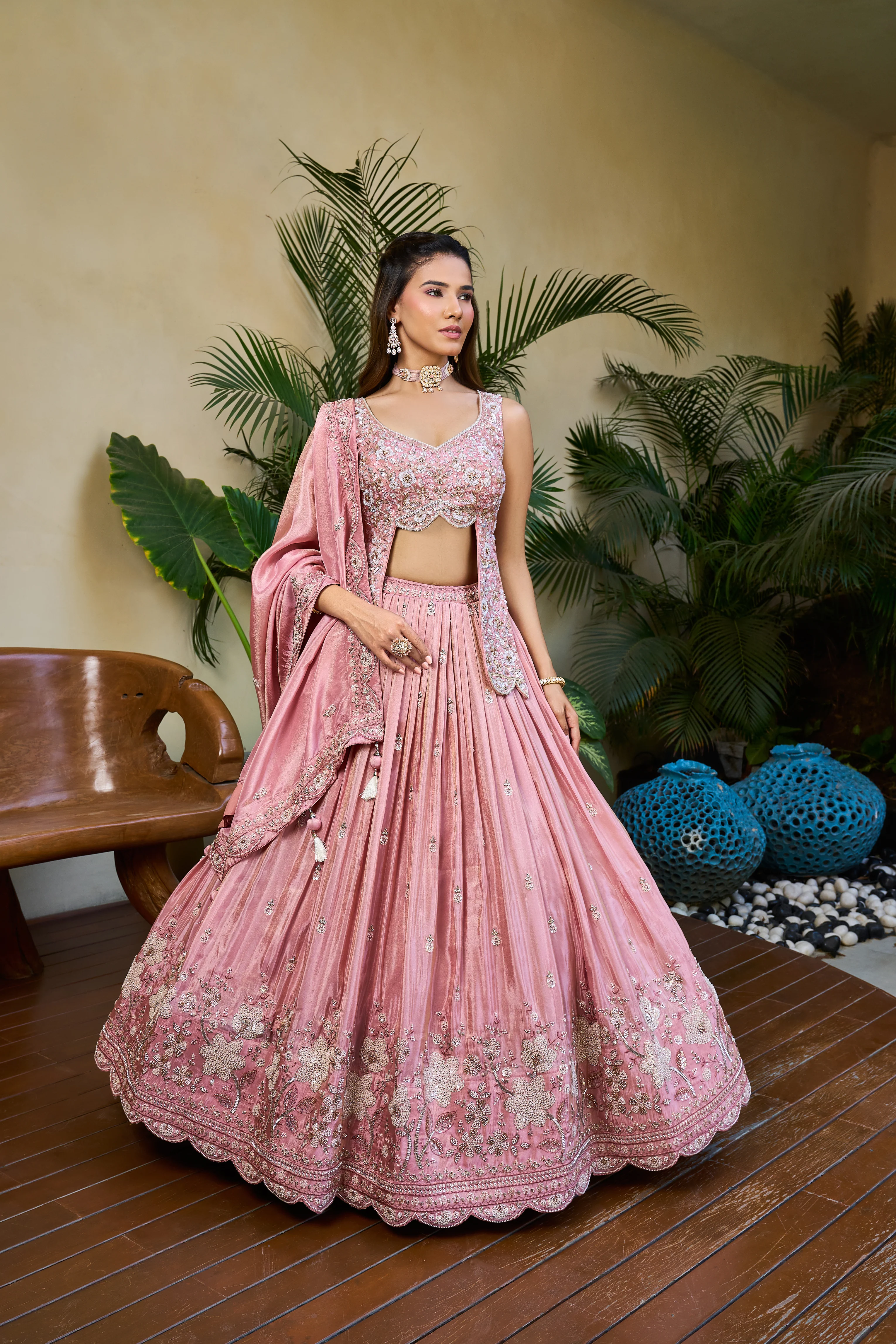 Blush Pink Designer Lehenga Set with Embroidered Cutwork Blouse & Floral Border Skirt - Image 3