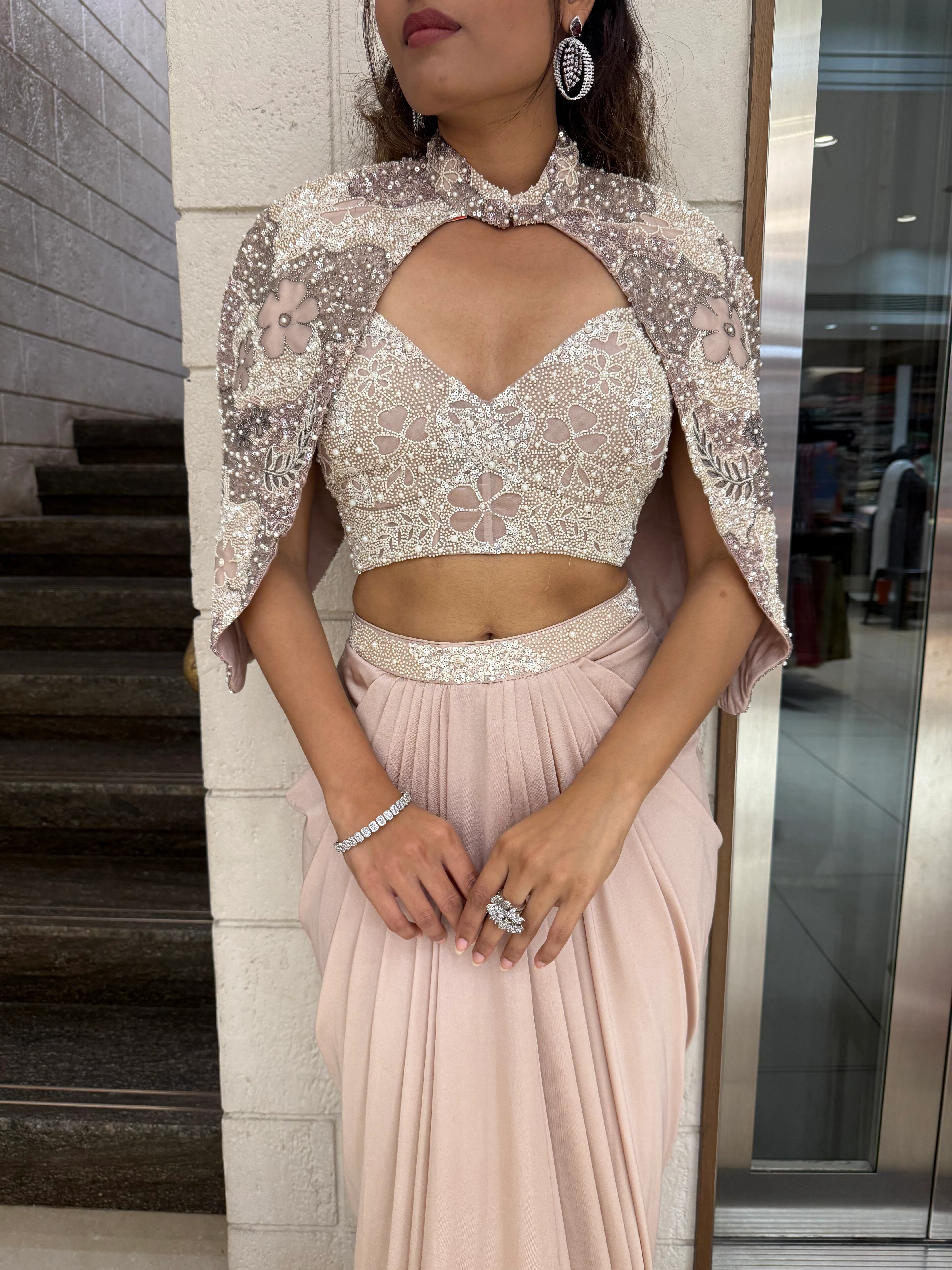Blush Pink Embroidered Crop Top & Draped Skirt Indo-Western Set with Cape - Image 2