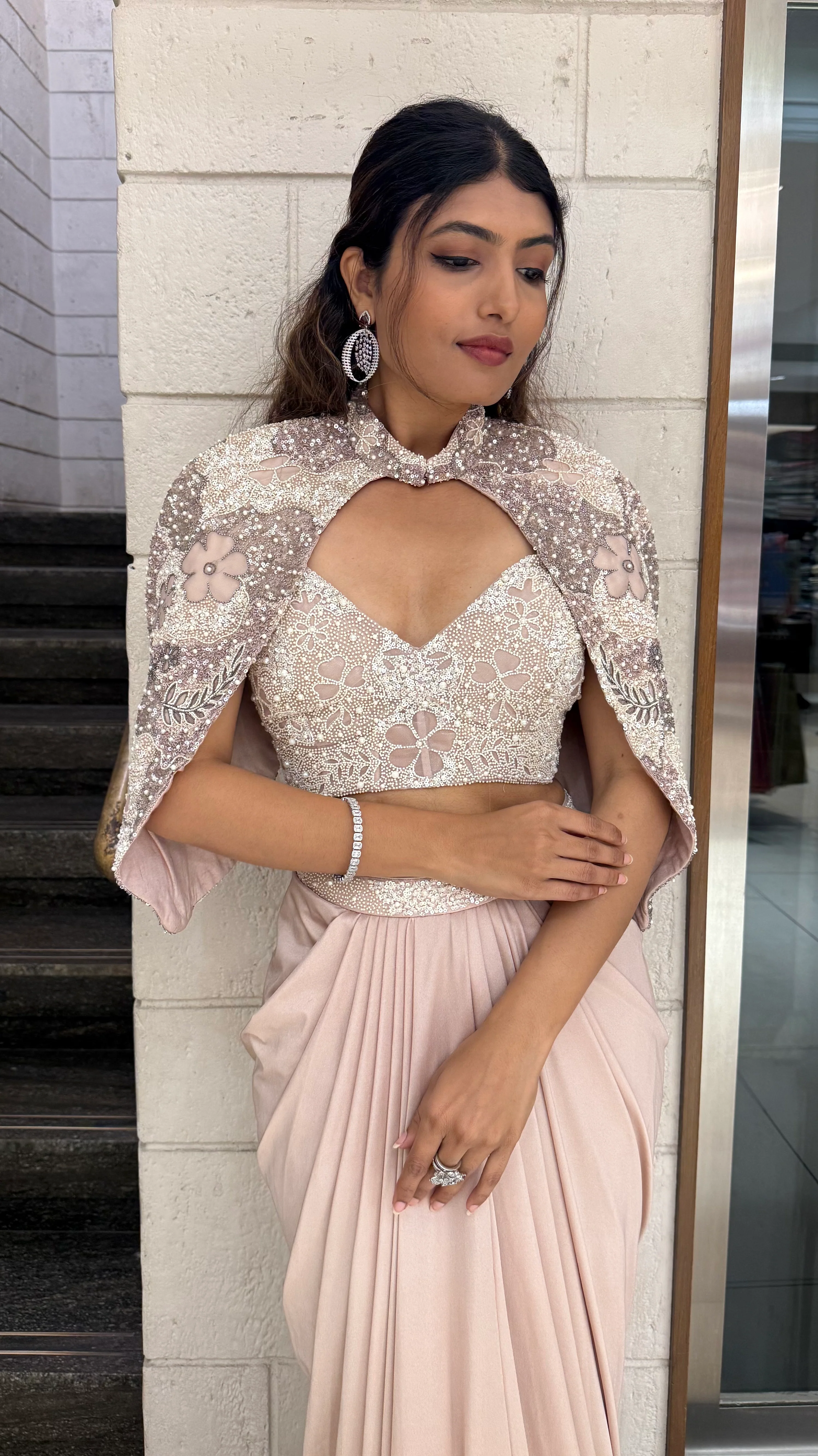 Blush Pink Embroidered Crop Top & Draped Skirt Indo-Western Set with Cape - Image 4