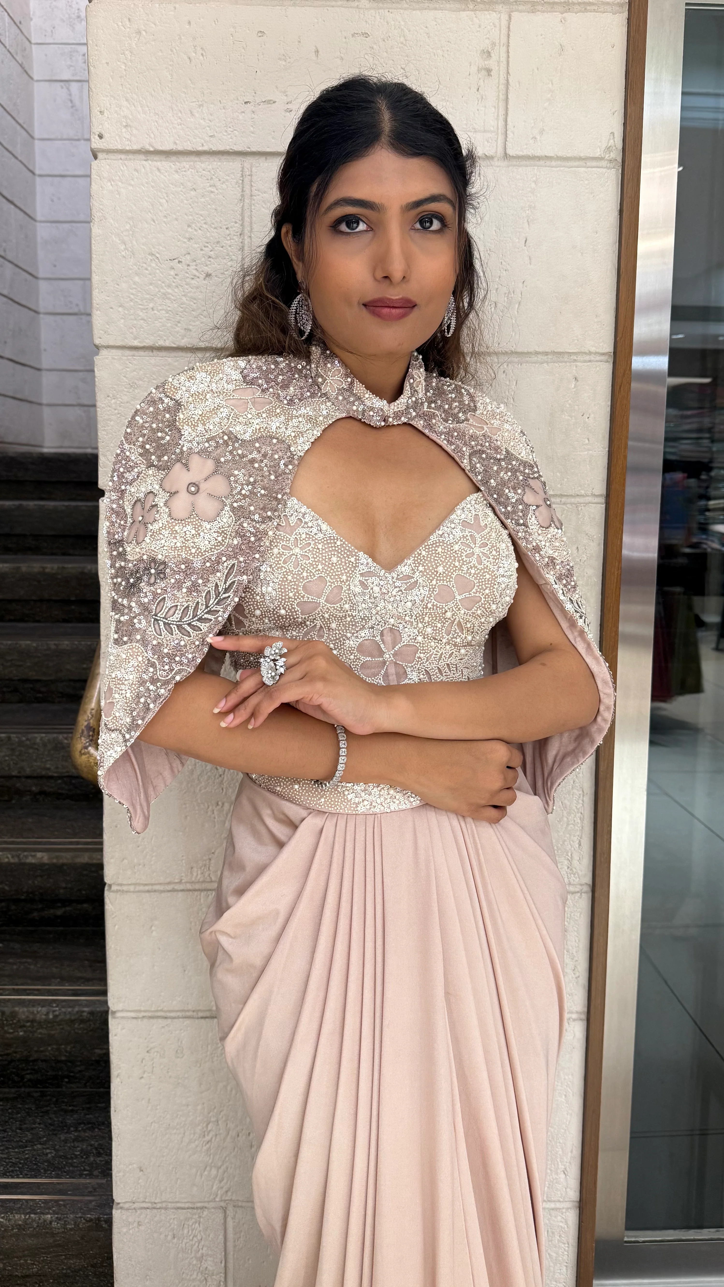 Blush Pink Embroidered Crop Top & Draped Skirt Indo-Western Set with Cape - Image 5