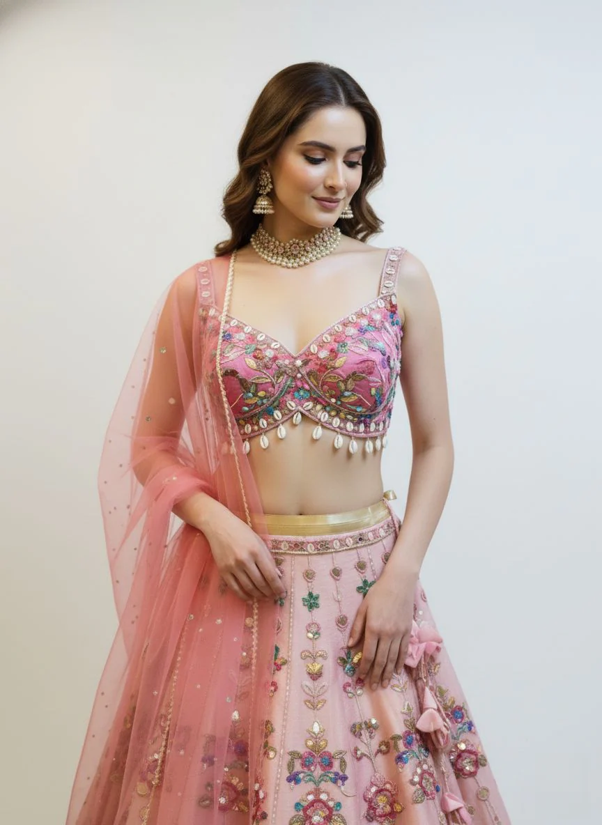 Blush Pink Floral Embroidered Lehenga Set with Mirror Work & Net Dupatta - Image 2
