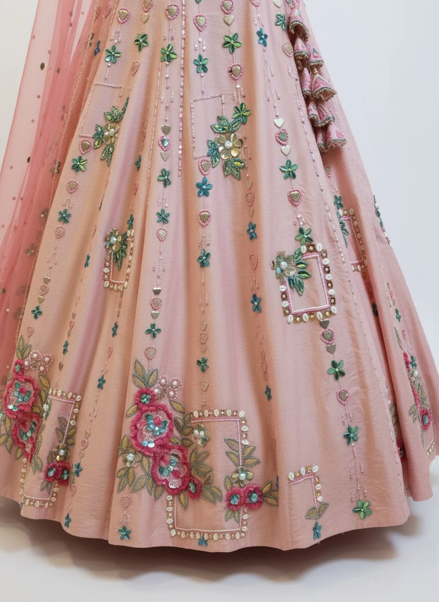 Blush Pink Floral Embroidered Lehenga Set with Mirror Work & Net Dupatta - Image 4