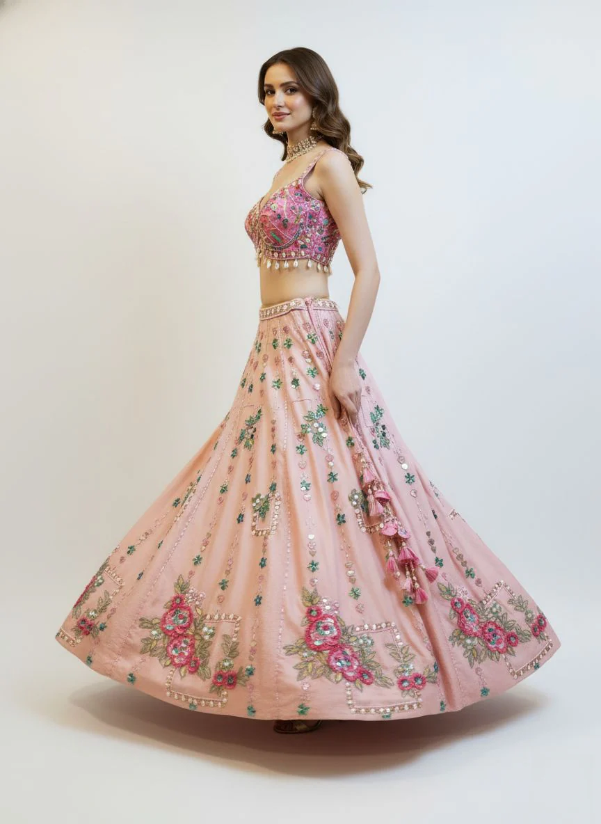 Blush Pink Floral Embroidered Lehenga Set with Mirror Work & Net Dupatta - Image 5