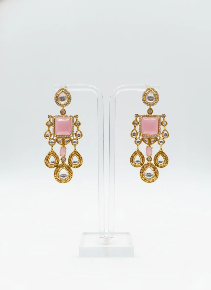 Blush Pink & Gold Kundan Bridal Necklace Set with Statement Earrings - Image 2