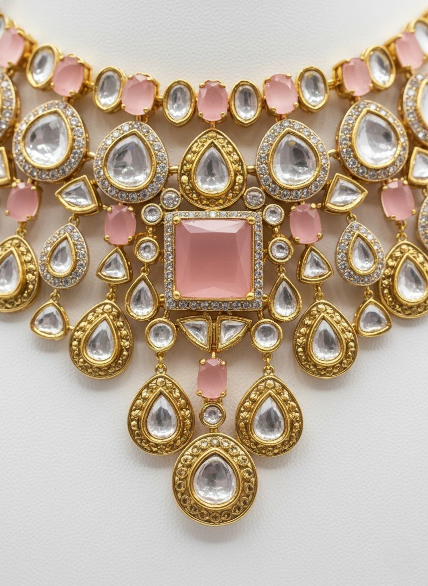 Blush Pink & Gold Kundan Bridal Necklace Set with Statement Earrings - Image 3