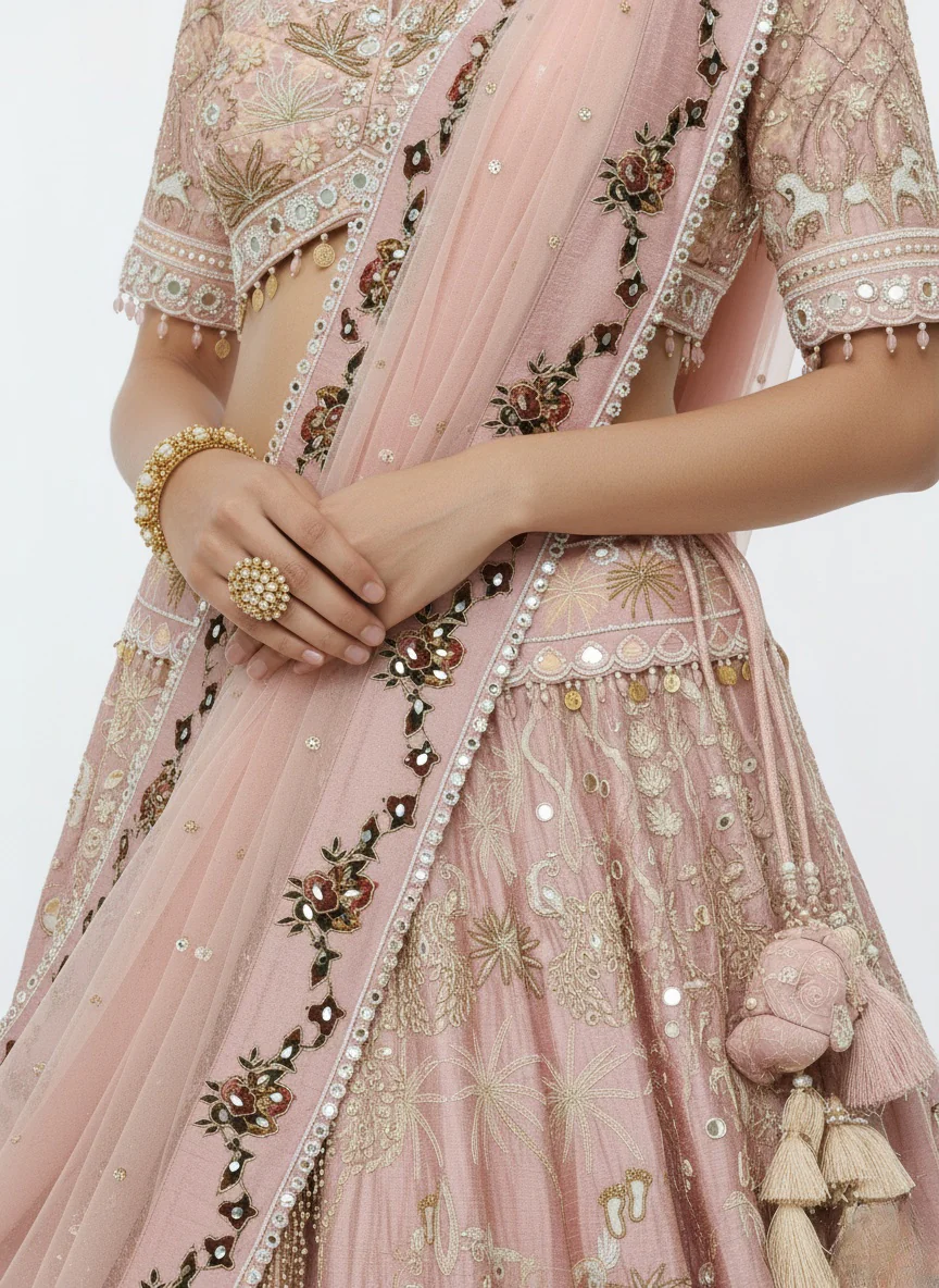 Blush Pink Hand-Embroidered Bridal Lehenga Set with Net Dupatta - Image 2