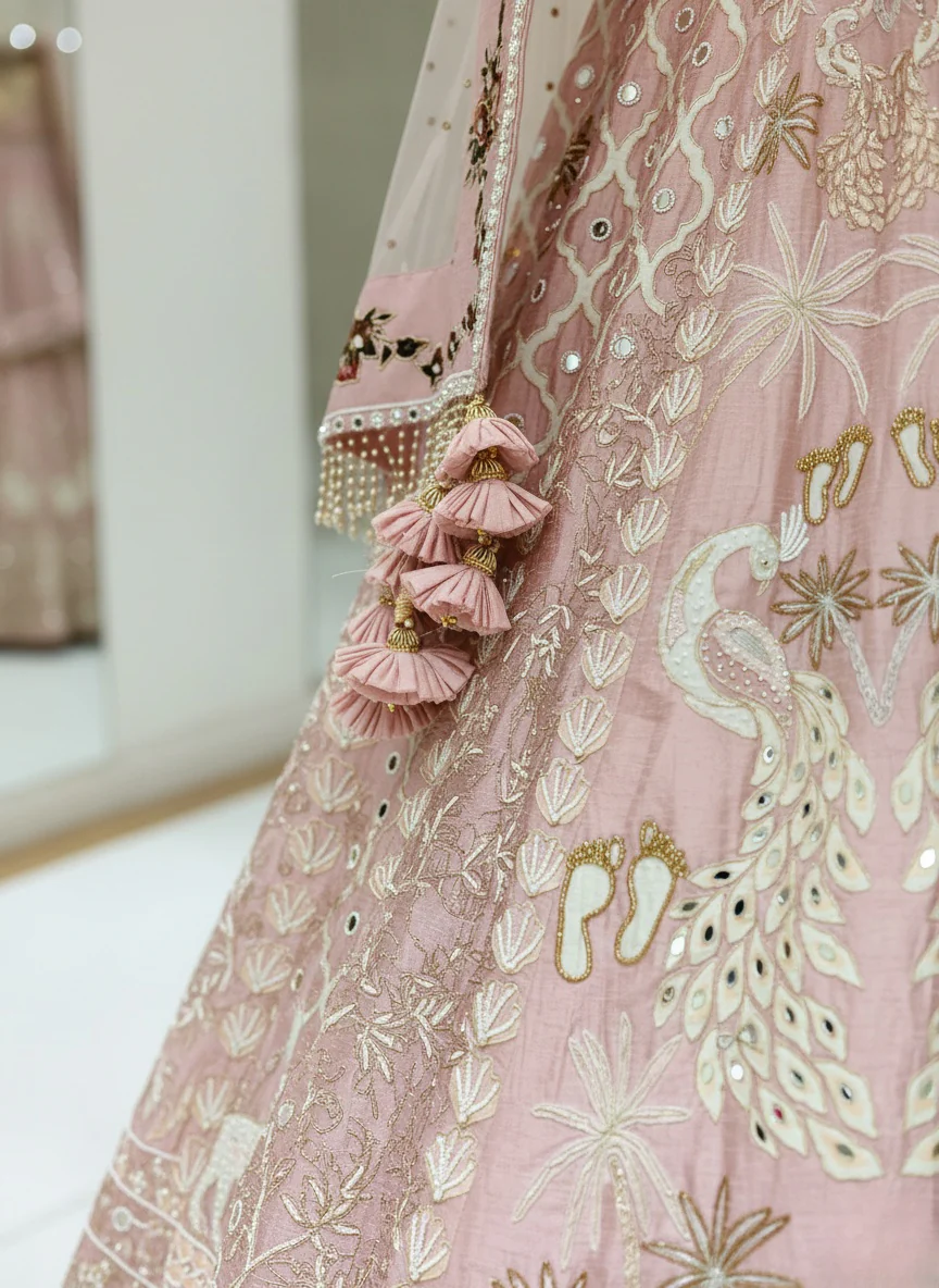 Blush Pink Hand-Embroidered Bridal Lehenga Set with Net Dupatta - Image 3