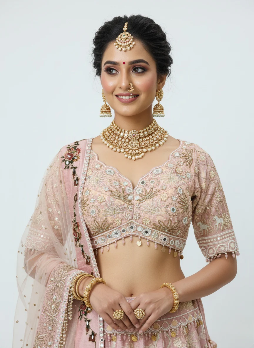 Blush Pink Hand-Embroidered Bridal Lehenga Set with Net Dupatta - Image 4