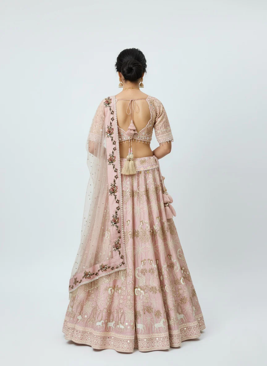 Blush Pink Hand-Embroidered Bridal Lehenga Set with Net Dupatta - Image 5