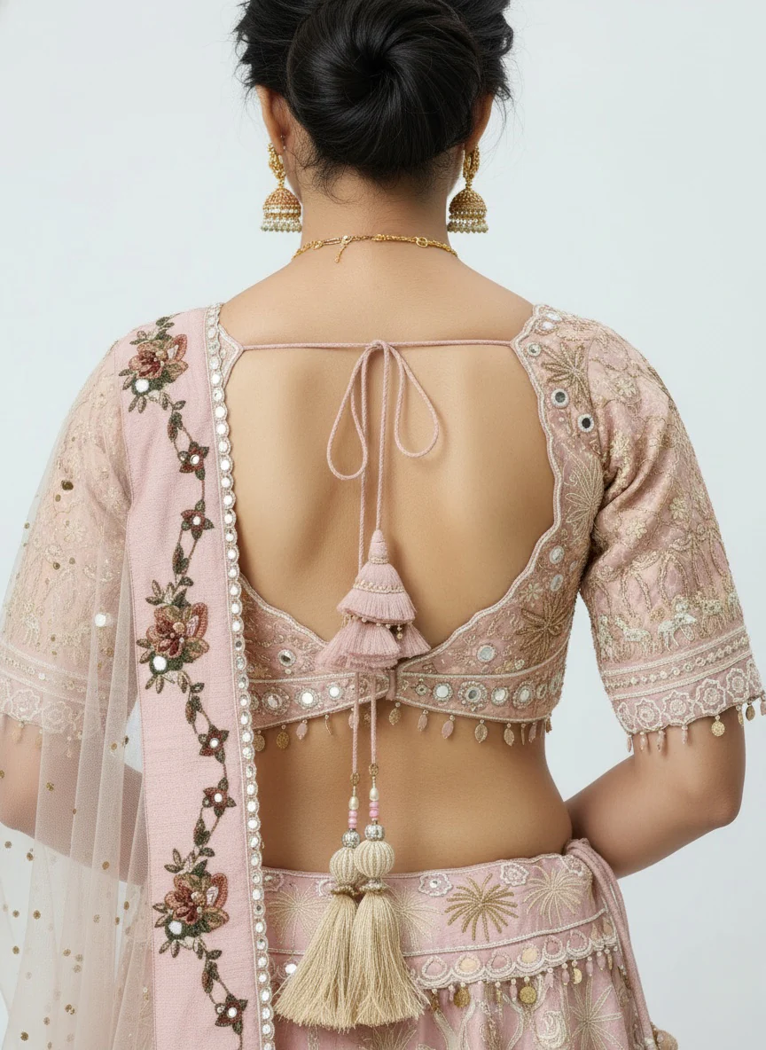 Blush Pink Hand-Embroidered Bridal Lehenga Set with Net Dupatta - Image 6
