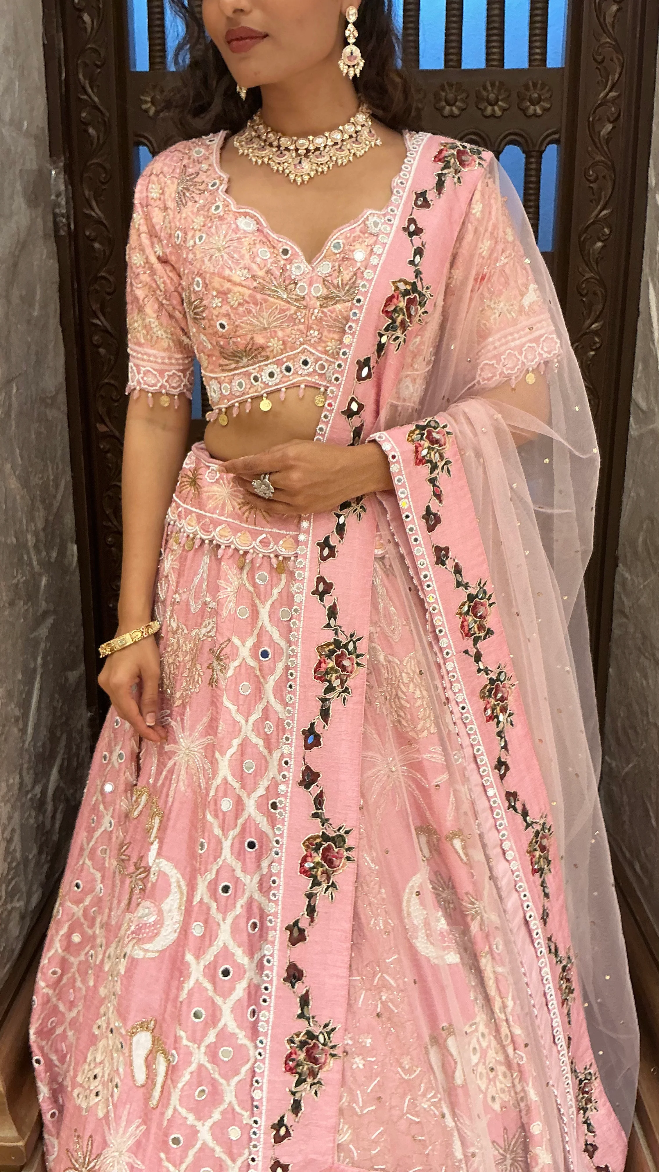 Blush Pink Heavy Embroidered Bridal Lehenga Set with Dupatta - Image 2