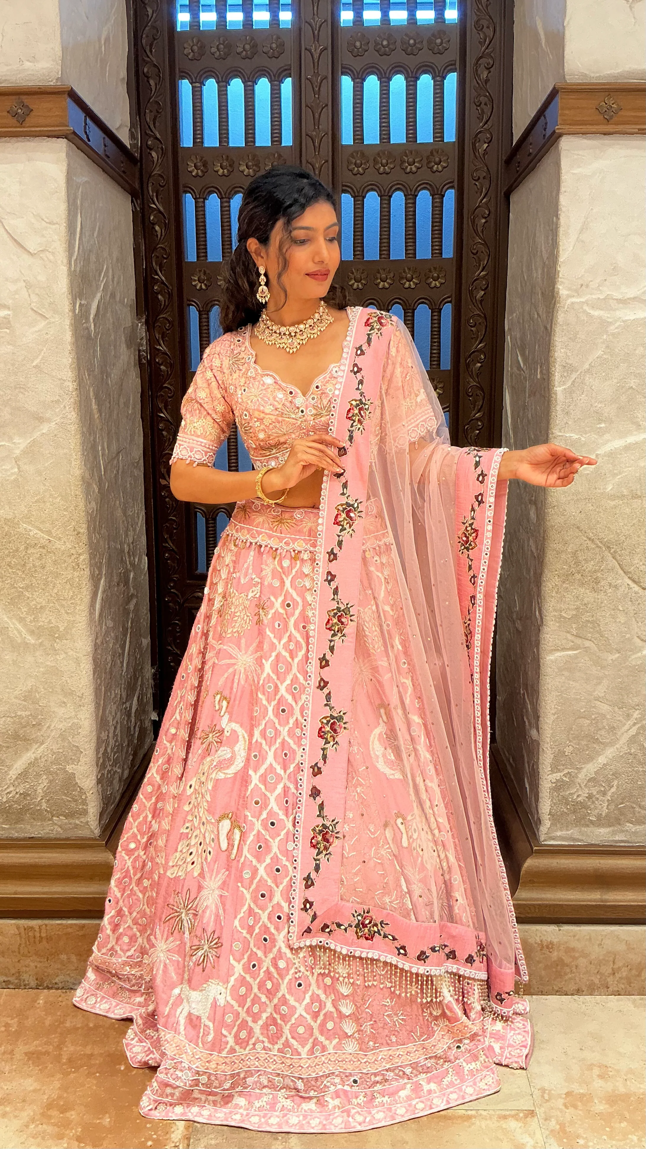 Blush Pink Heavy Embroidered Bridal Lehenga Set with Dupatta - Image 3