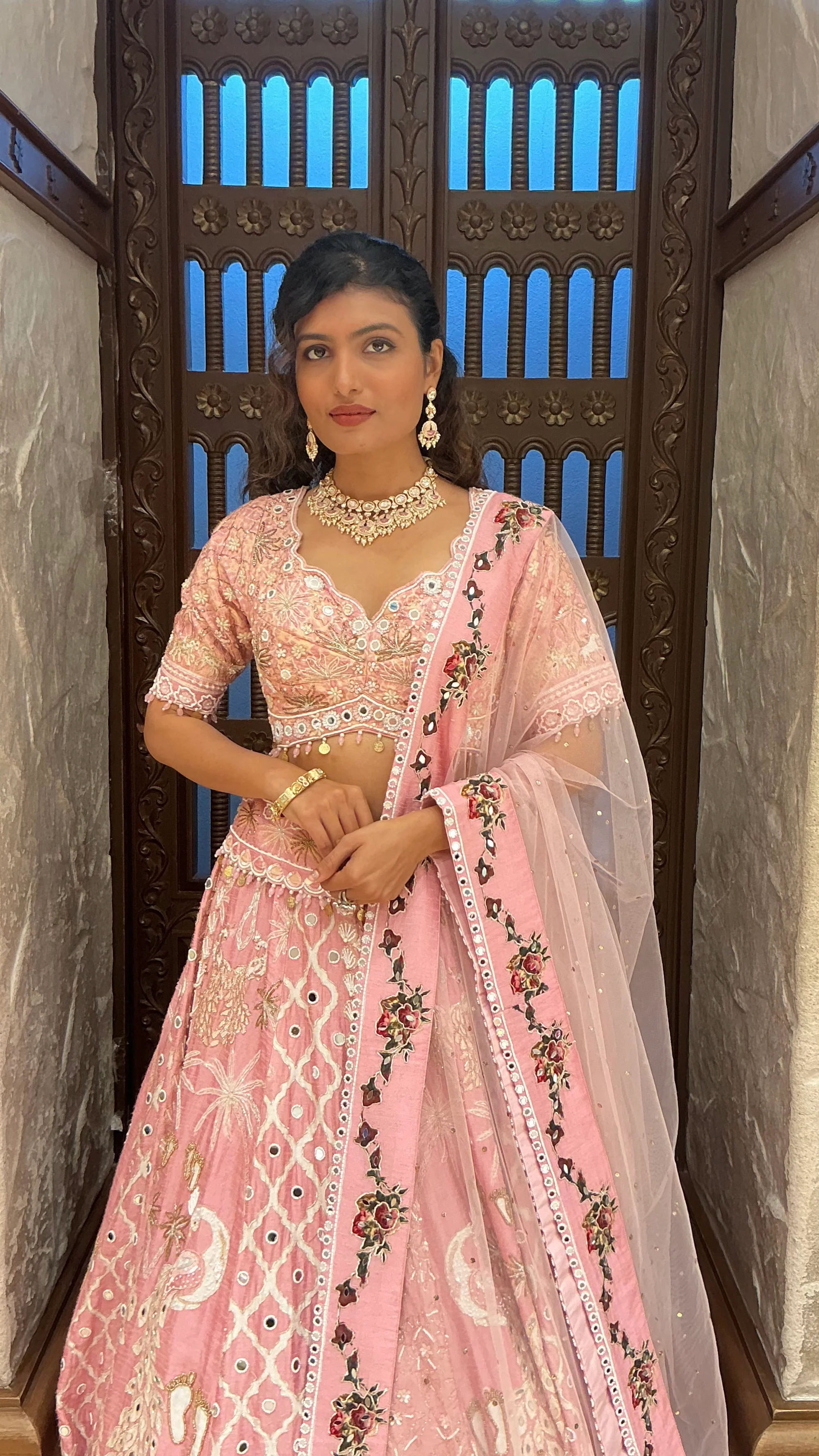 Blush Pink Heavy Embroidered Bridal Lehenga Set with Dupatta - Image 5