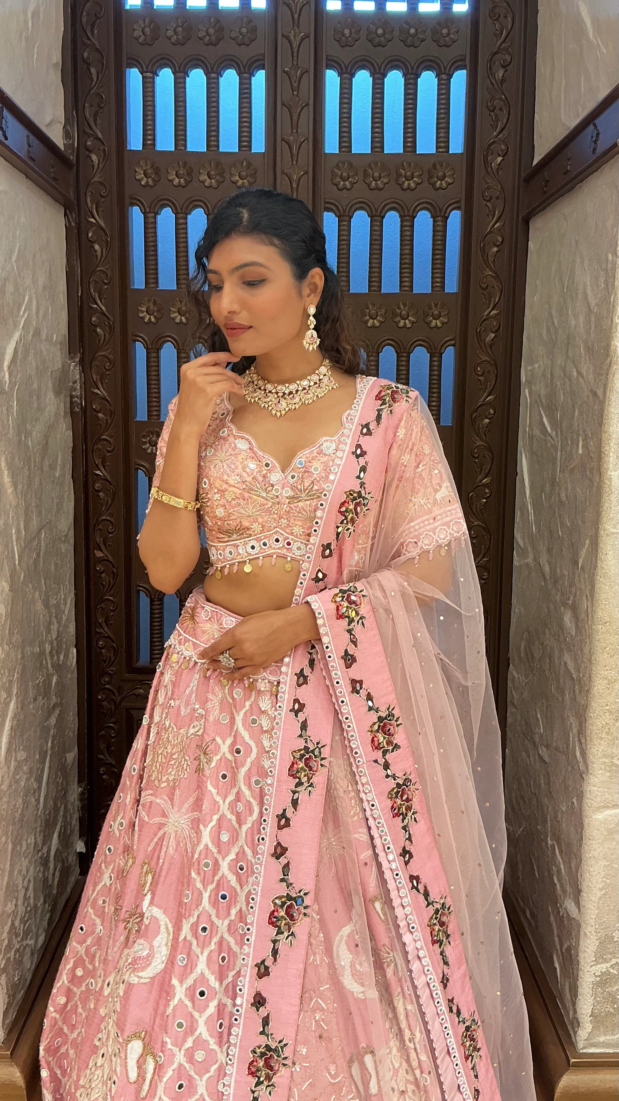 Blush Pink Heavy Embroidered Bridal Lehenga Set with Dupatta - Image 6