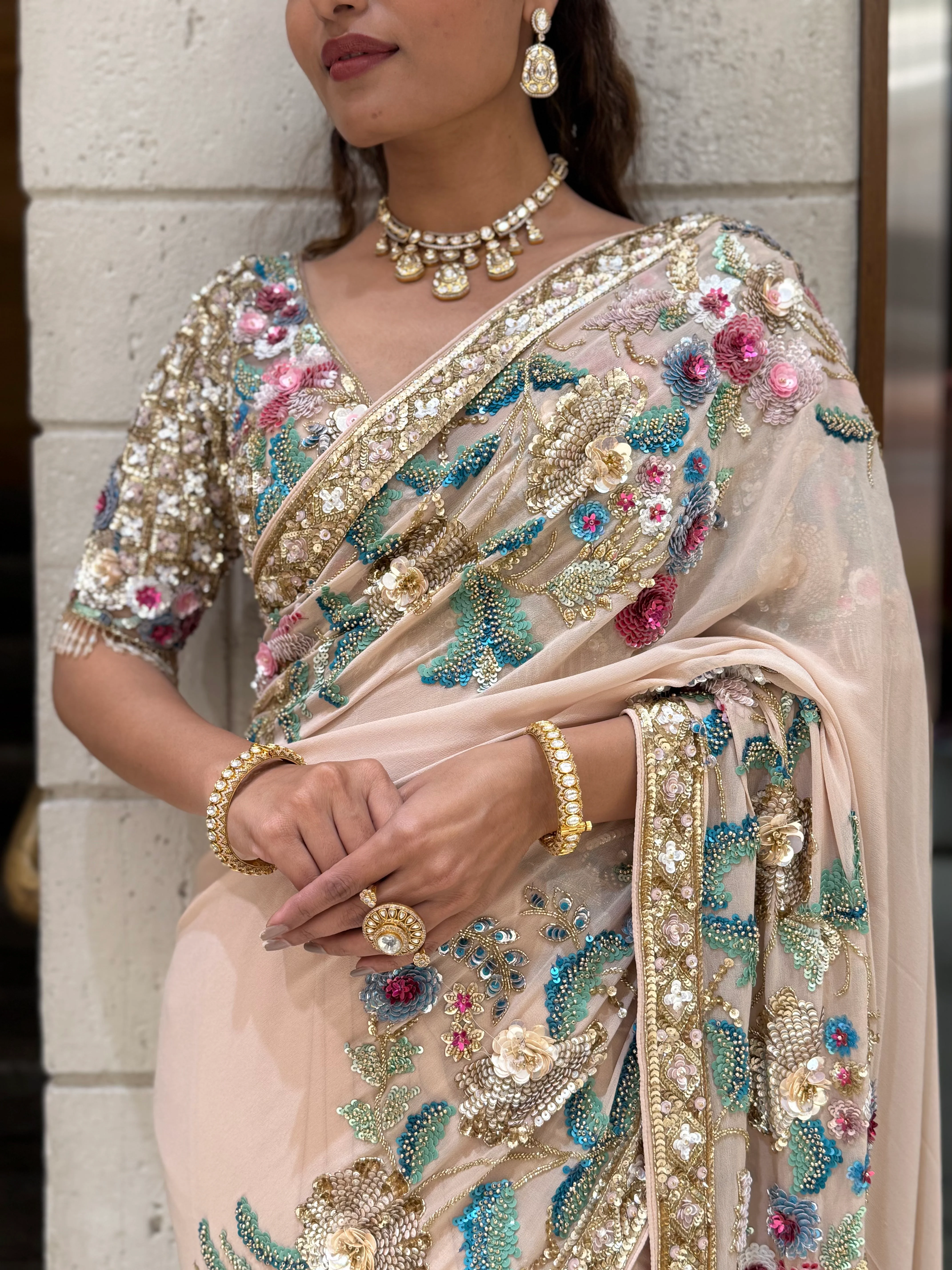 Blush Pink Heavy Embroidered Designer Net Saree with Multicolour Floral Work - Image 2