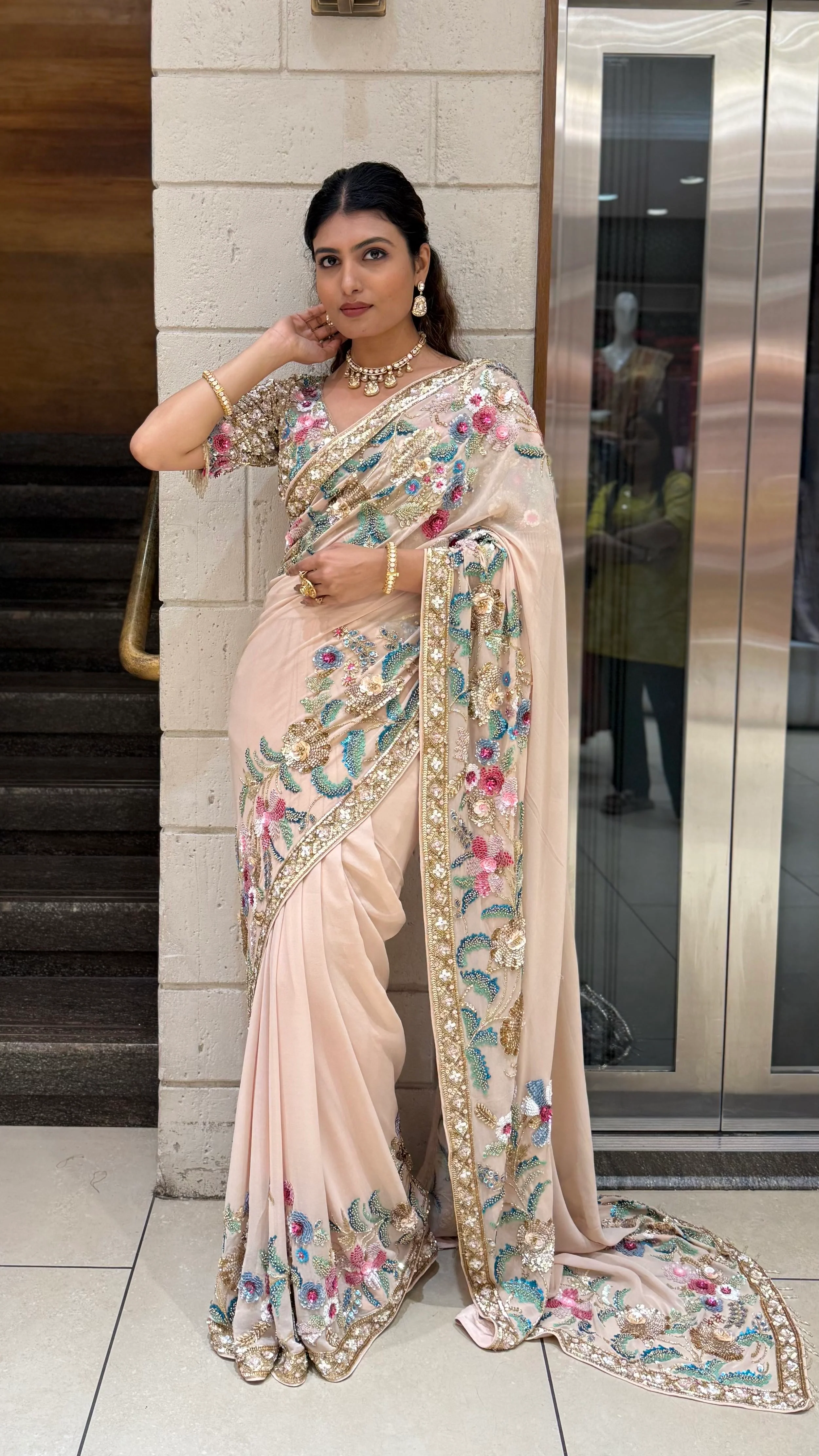 Blush Pink Heavy Embroidered Designer Net Saree with Multicolour Floral Work - Image 3