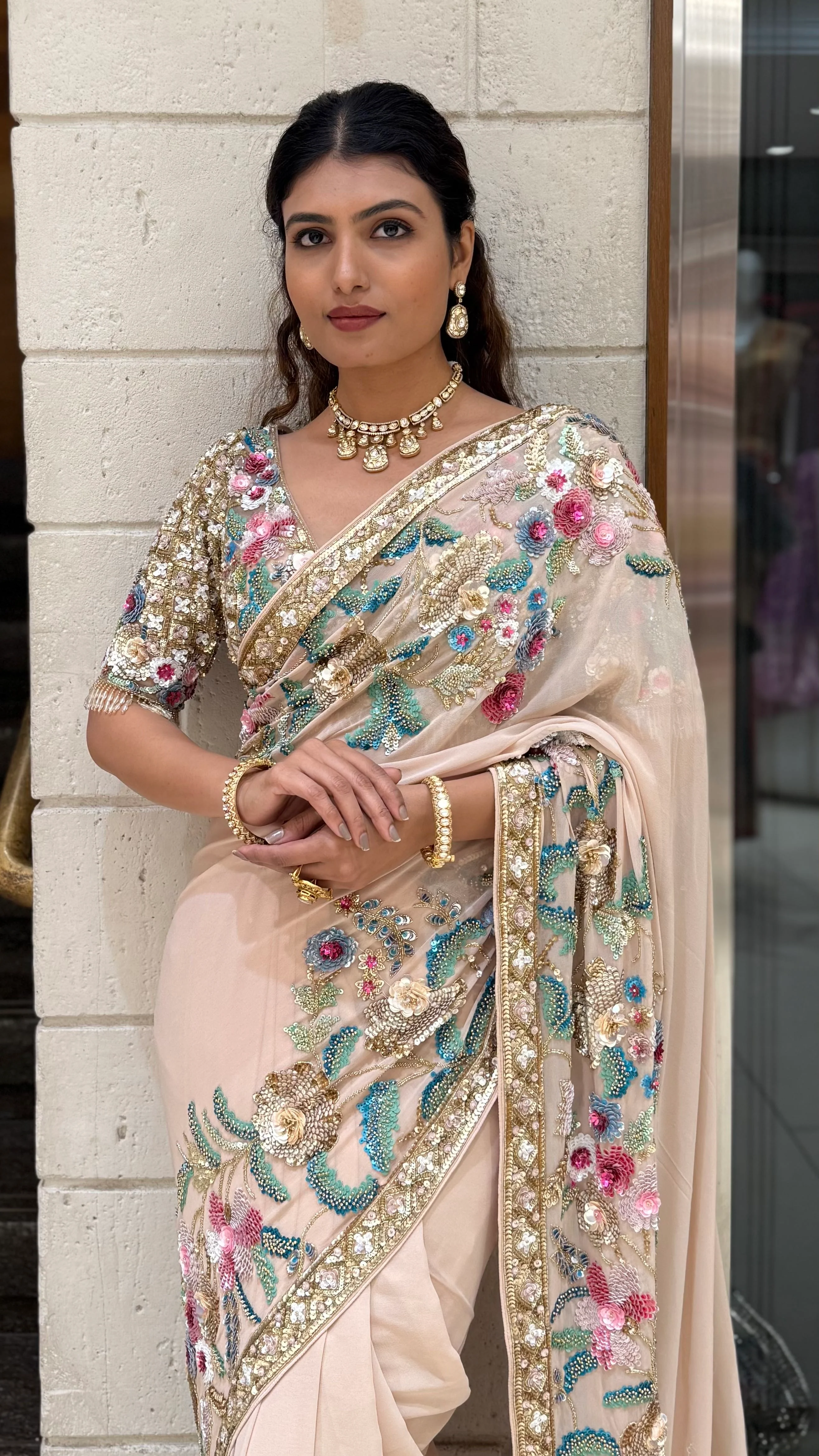 Blush Pink Heavy Embroidered Designer Net Saree with Multicolour Floral Work - Image 4