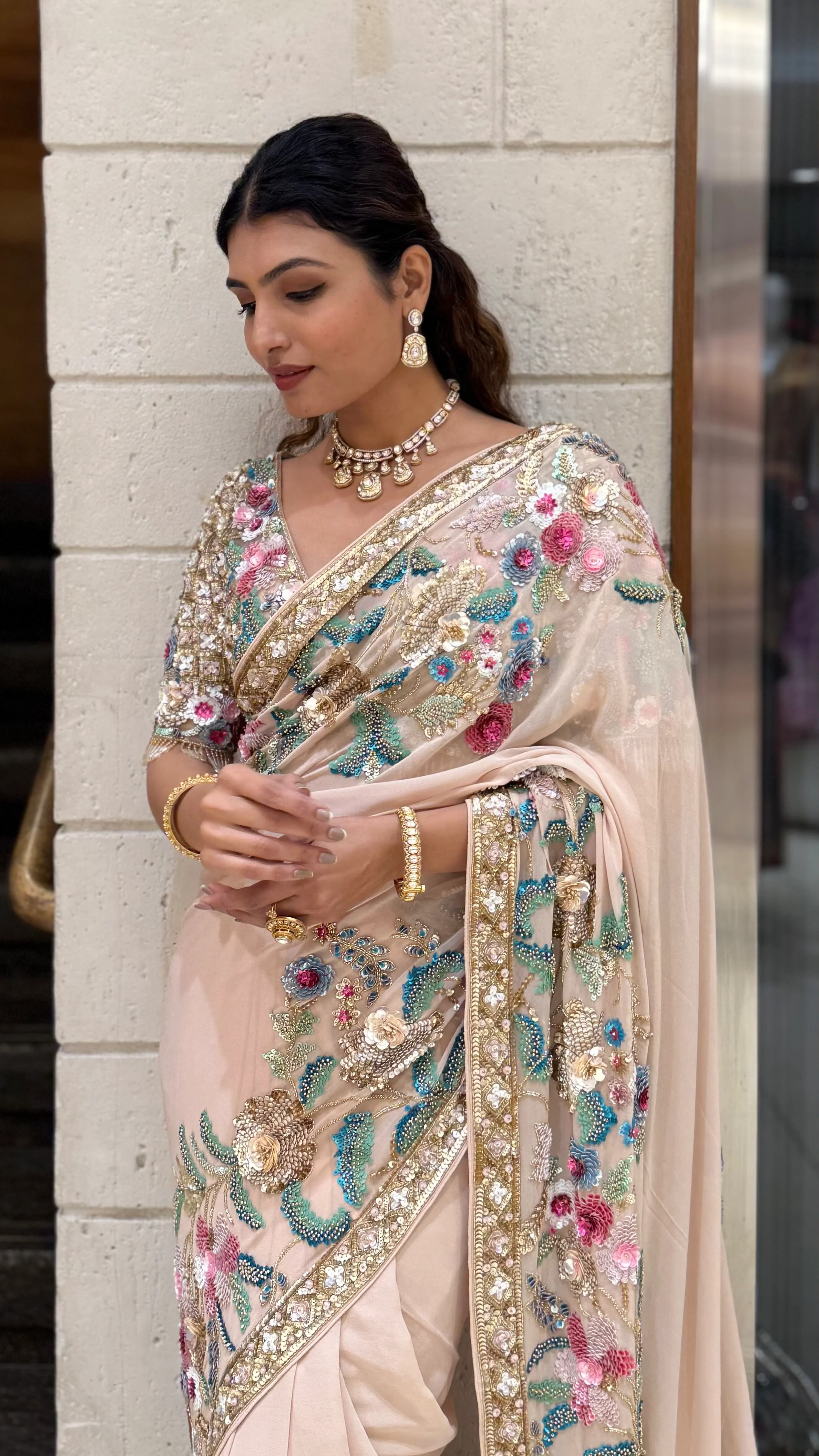 Blush Pink Heavy Embroidered Designer Net Saree with Multicolour Floral Work - Image 5