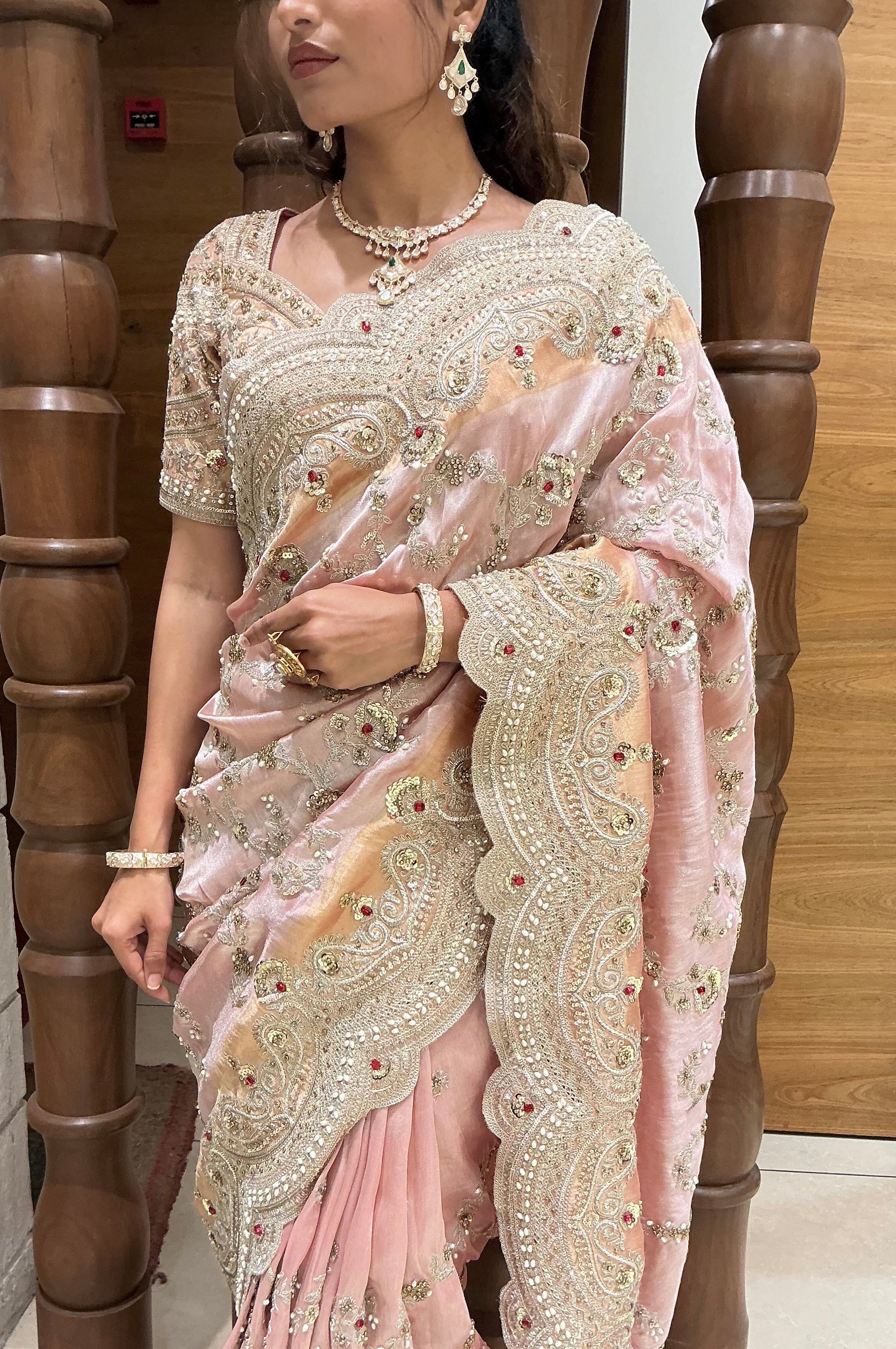 Blush Pink Heavy Embroidered Designer Saree with Zari, Sequin & Stone Work - Image 2