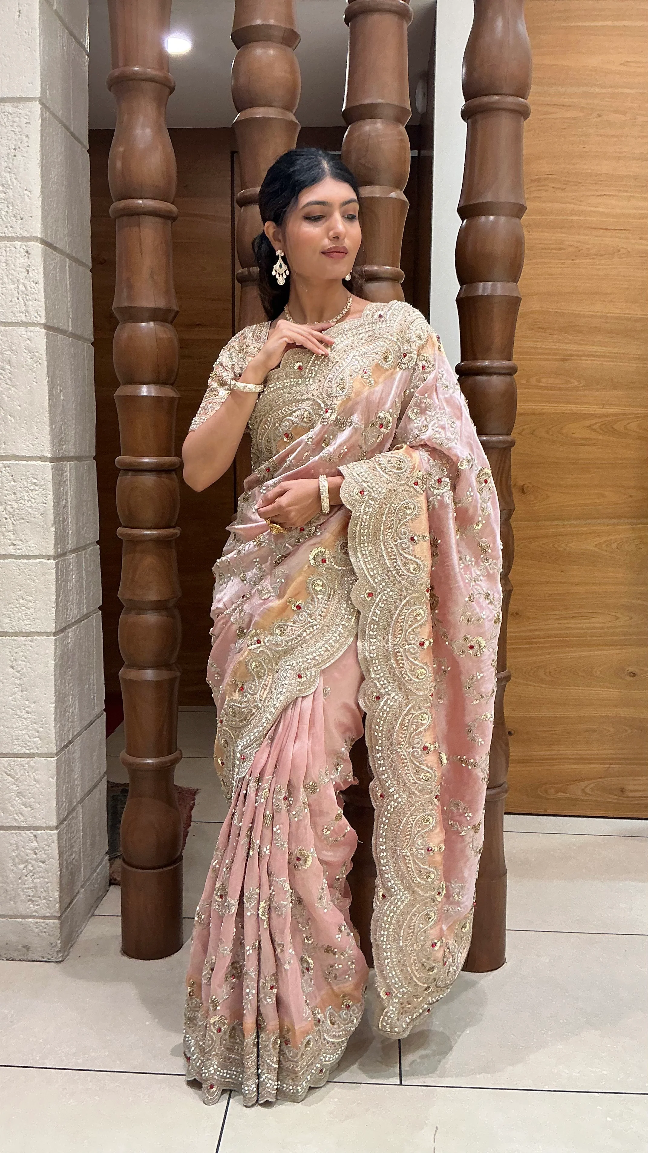 Blush Pink Heavy Embroidered Designer Saree with Zari, Sequin & Stone Work - Image 3