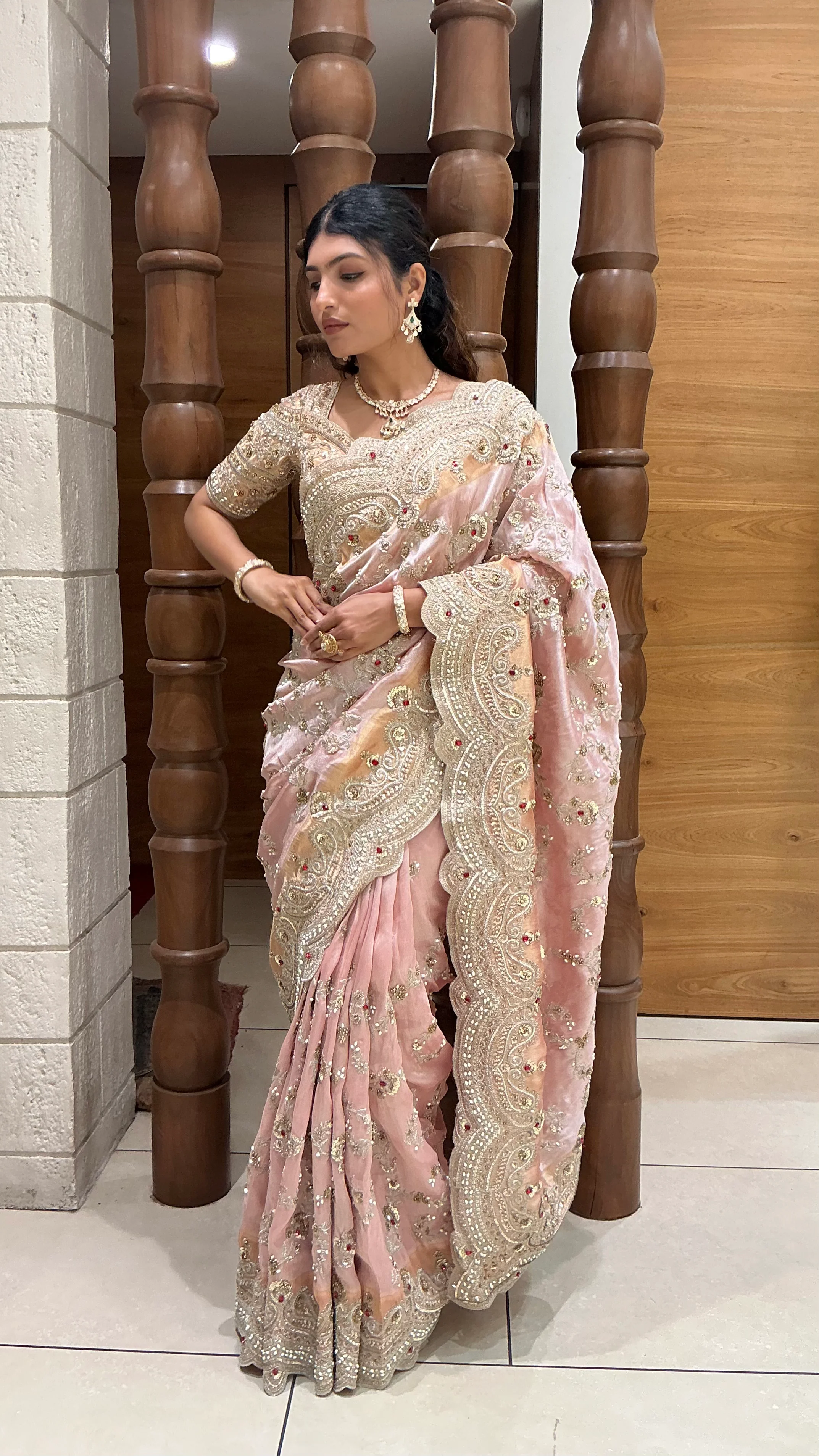 Blush Pink Heavy Embroidered Designer Saree with Zari, Sequin & Stone Work - Image 4