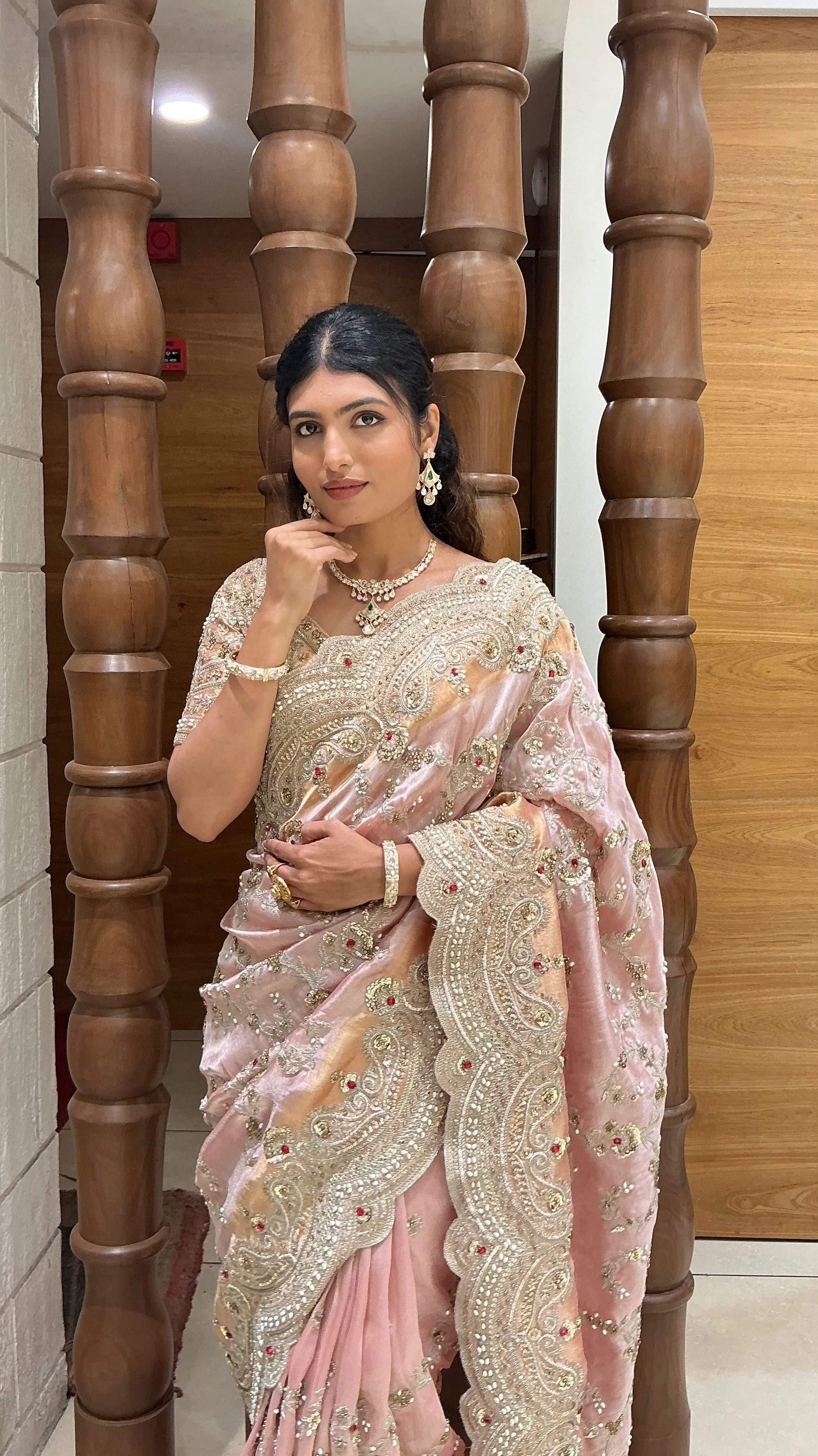 Blush Pink Heavy Embroidered Designer Saree with Zari, Sequin & Stone Work - Image 5