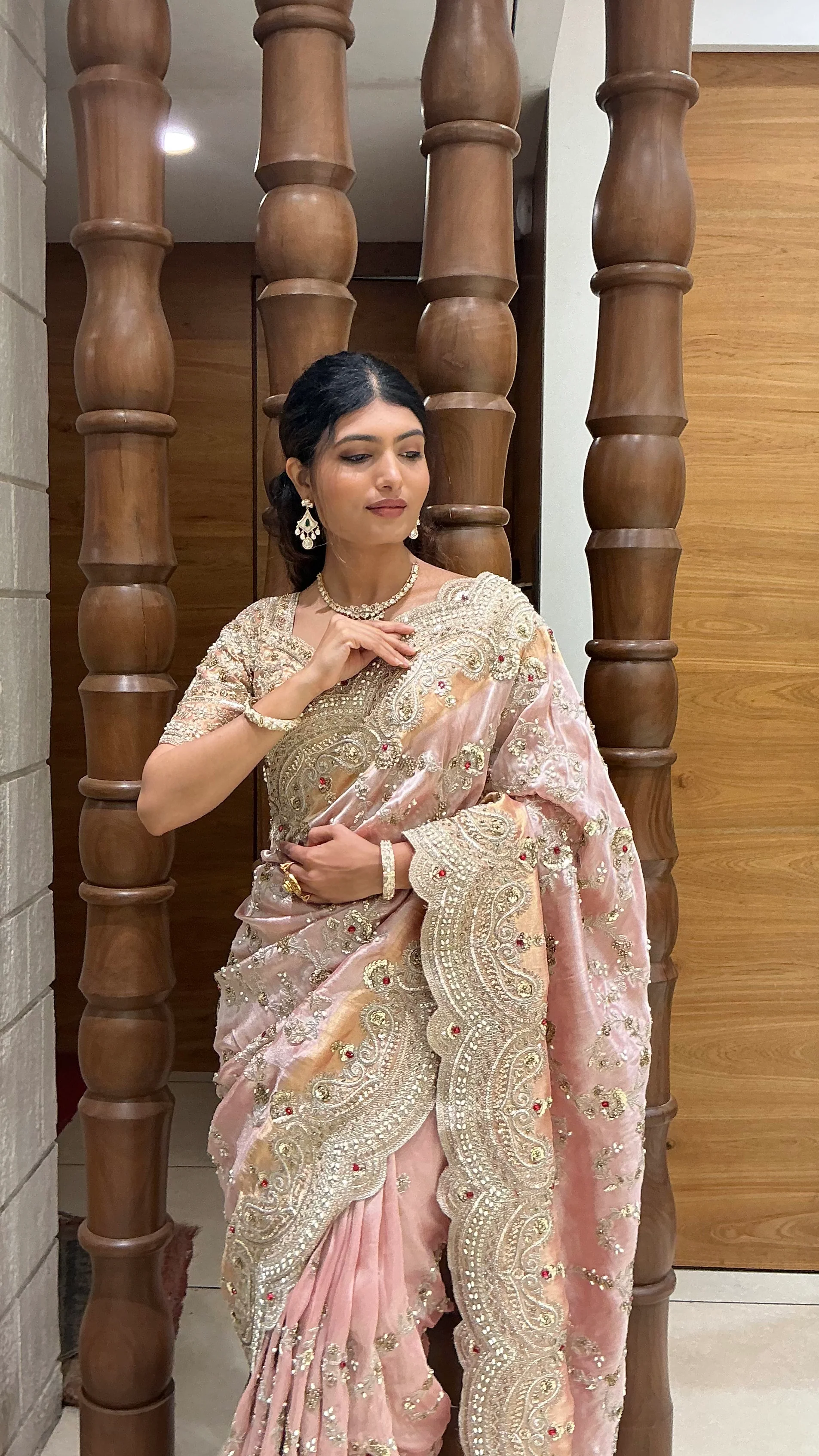 Blush Pink Heavy Embroidered Designer Saree with Zari, Sequin & Stone Work - Image 6