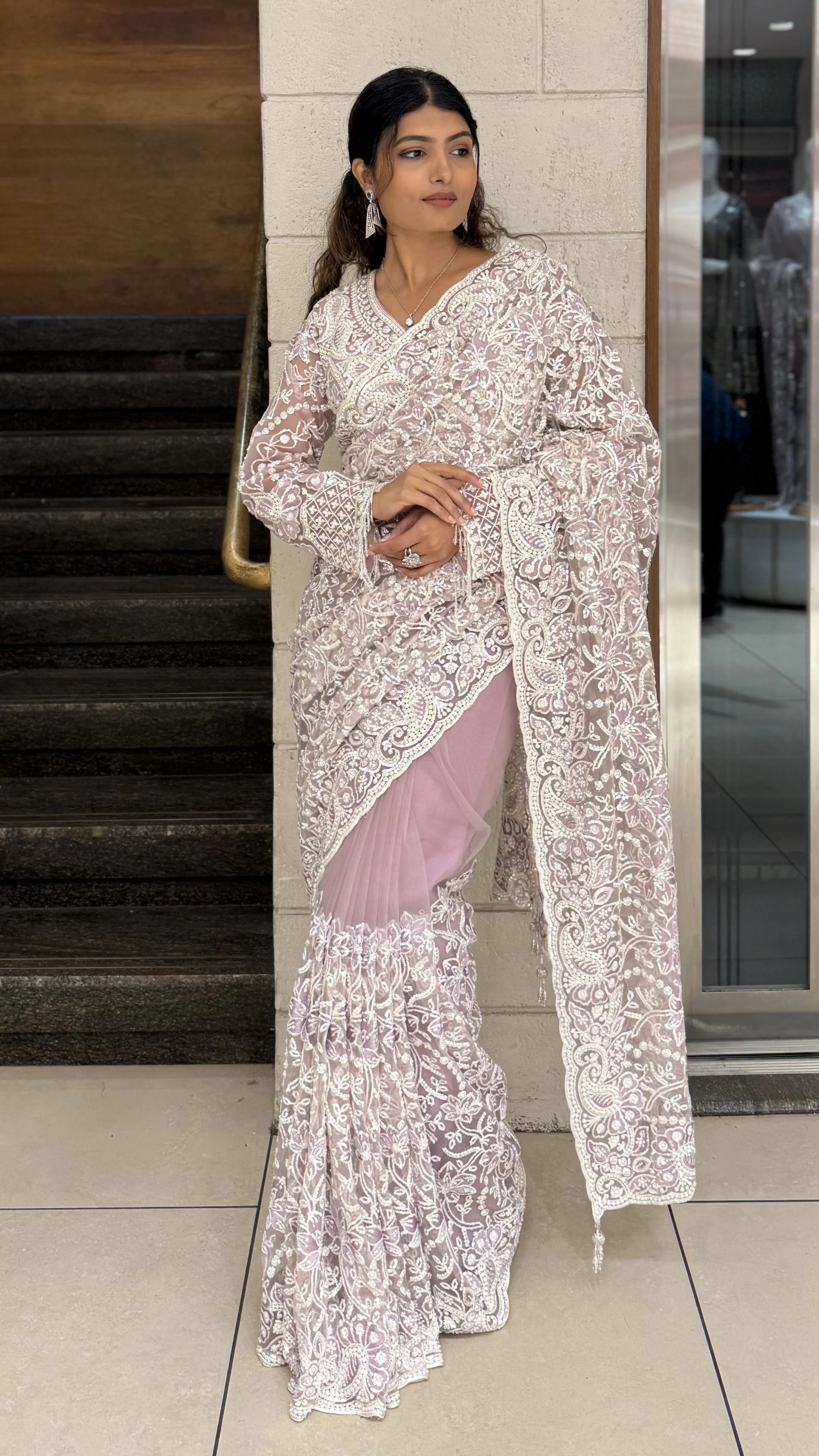 Traditional Soft Lavender Heavy Embroidered Designer Net Saree - Image 3