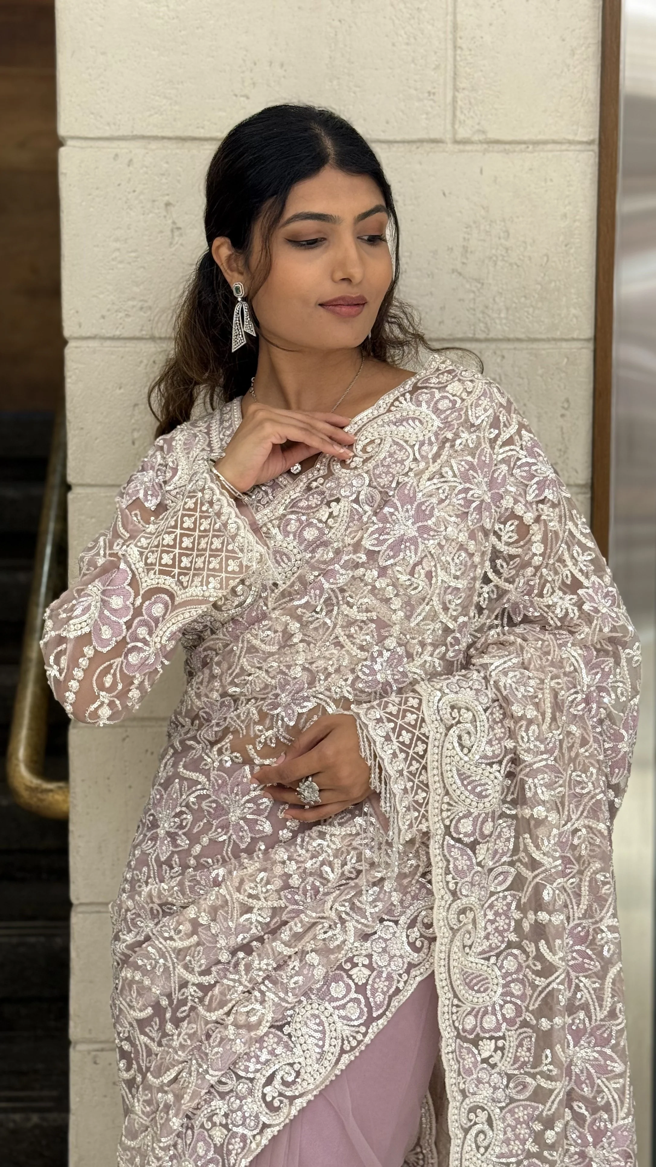 Traditional Soft Lavender Heavy Embroidered Designer Net Saree - Image 5