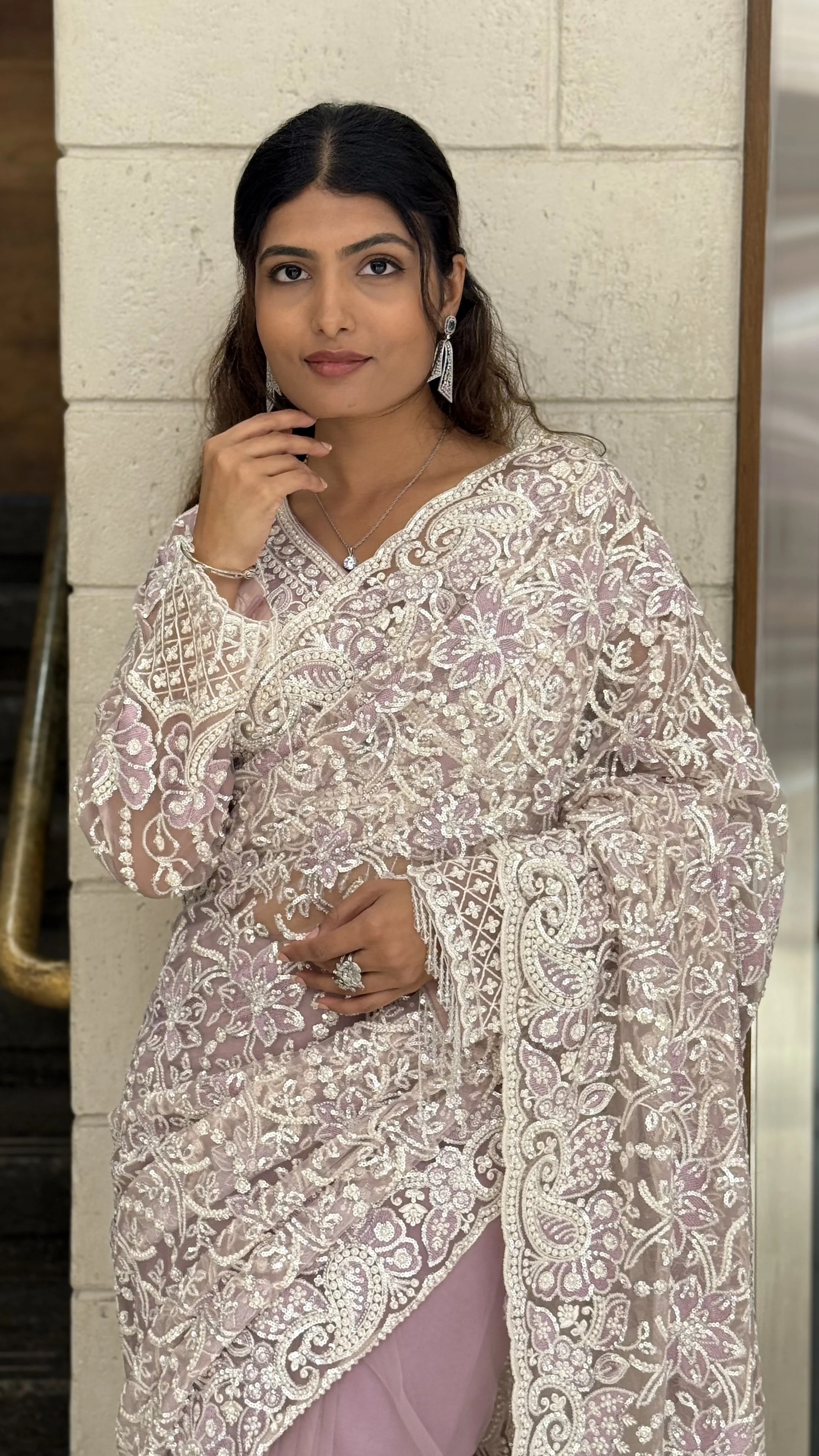 Traditional Soft Lavender Heavy Embroidered Designer Net Saree - Image 6