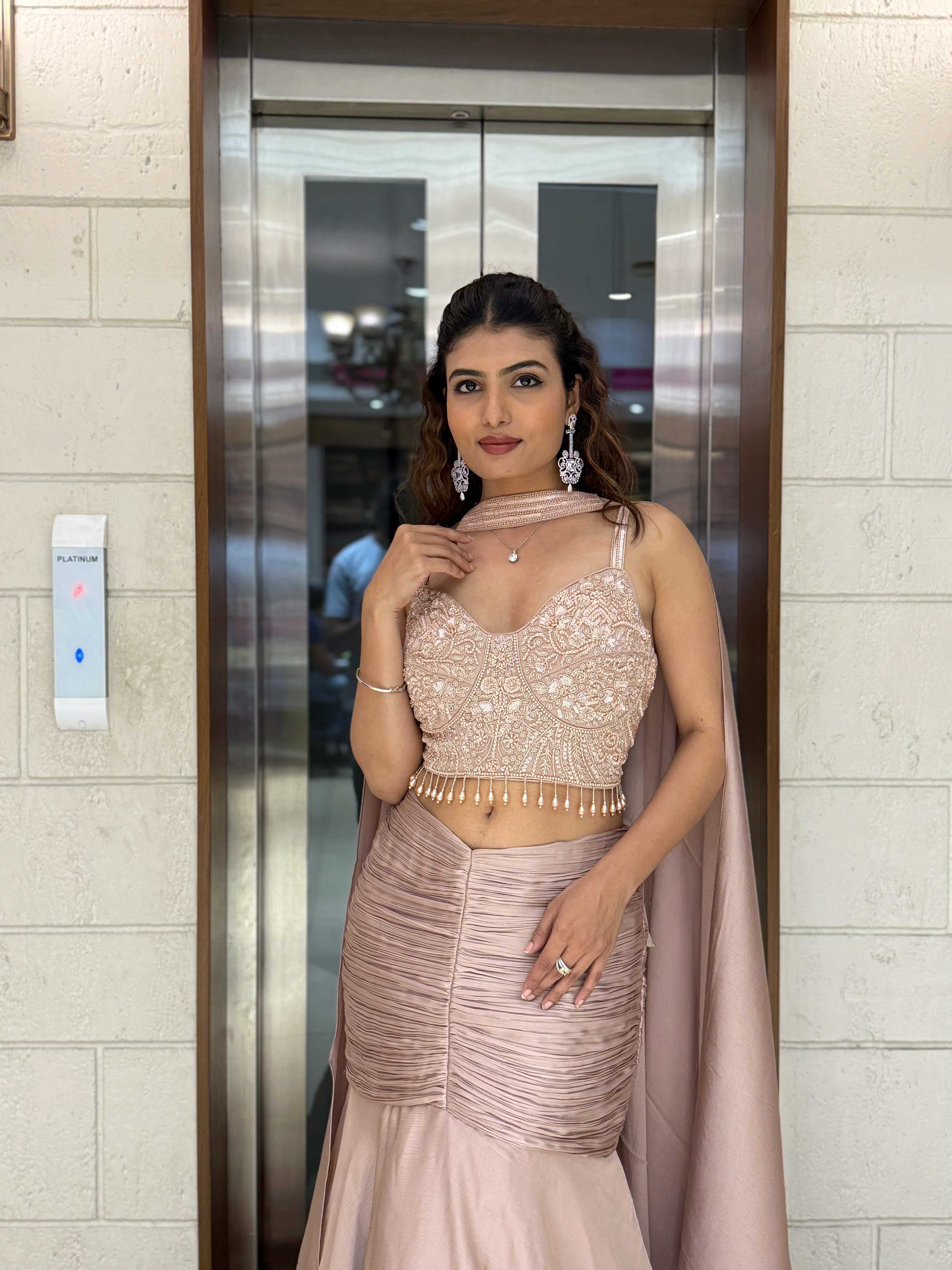 Blush Pink Indo-Western Layered Mermaid Gown with Embellished Corset & Draped Cape - Image 3