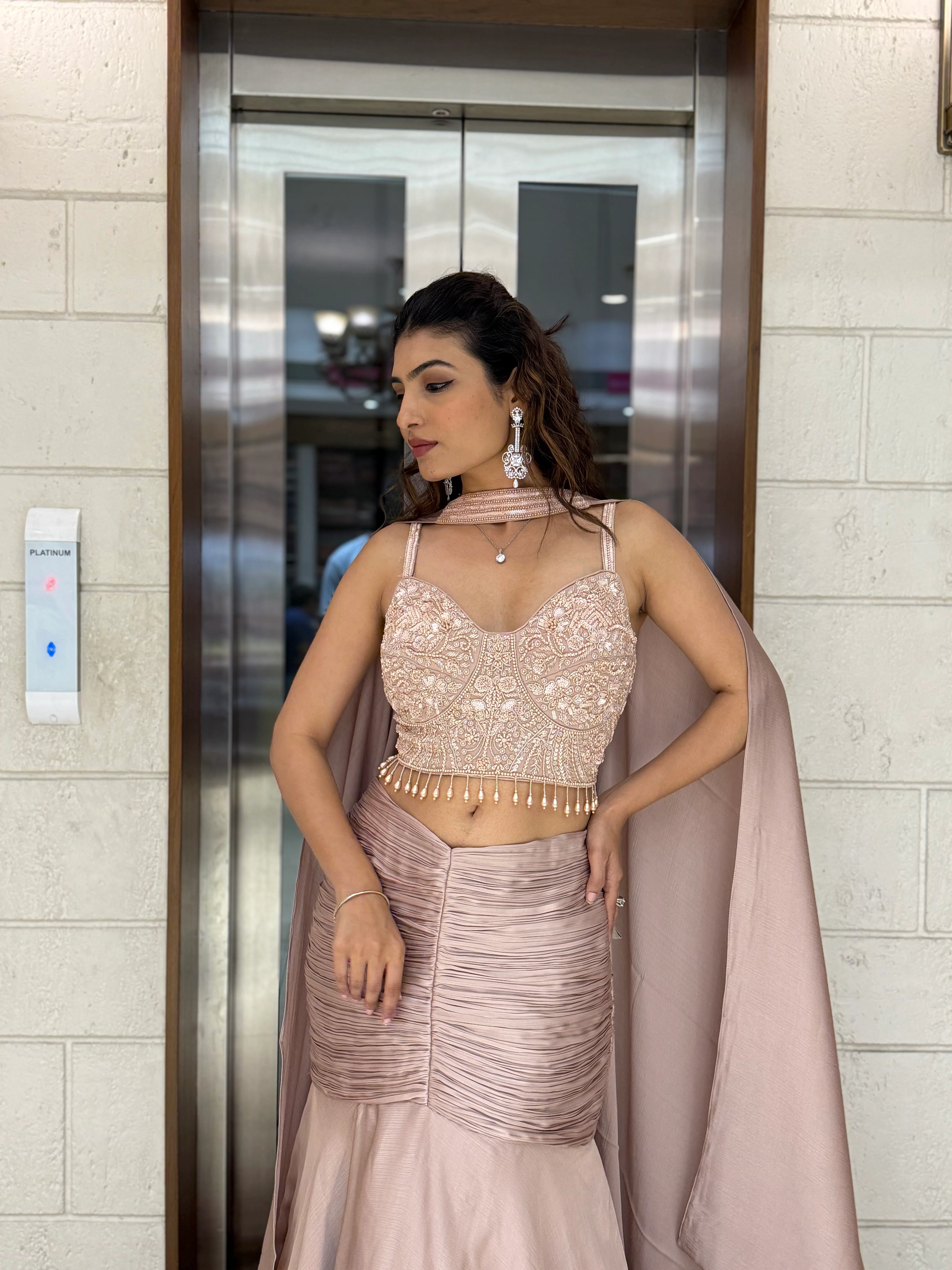 Blush Pink Indo-Western Layered Mermaid Gown with Embellished Corset & Draped Cape - Image 4