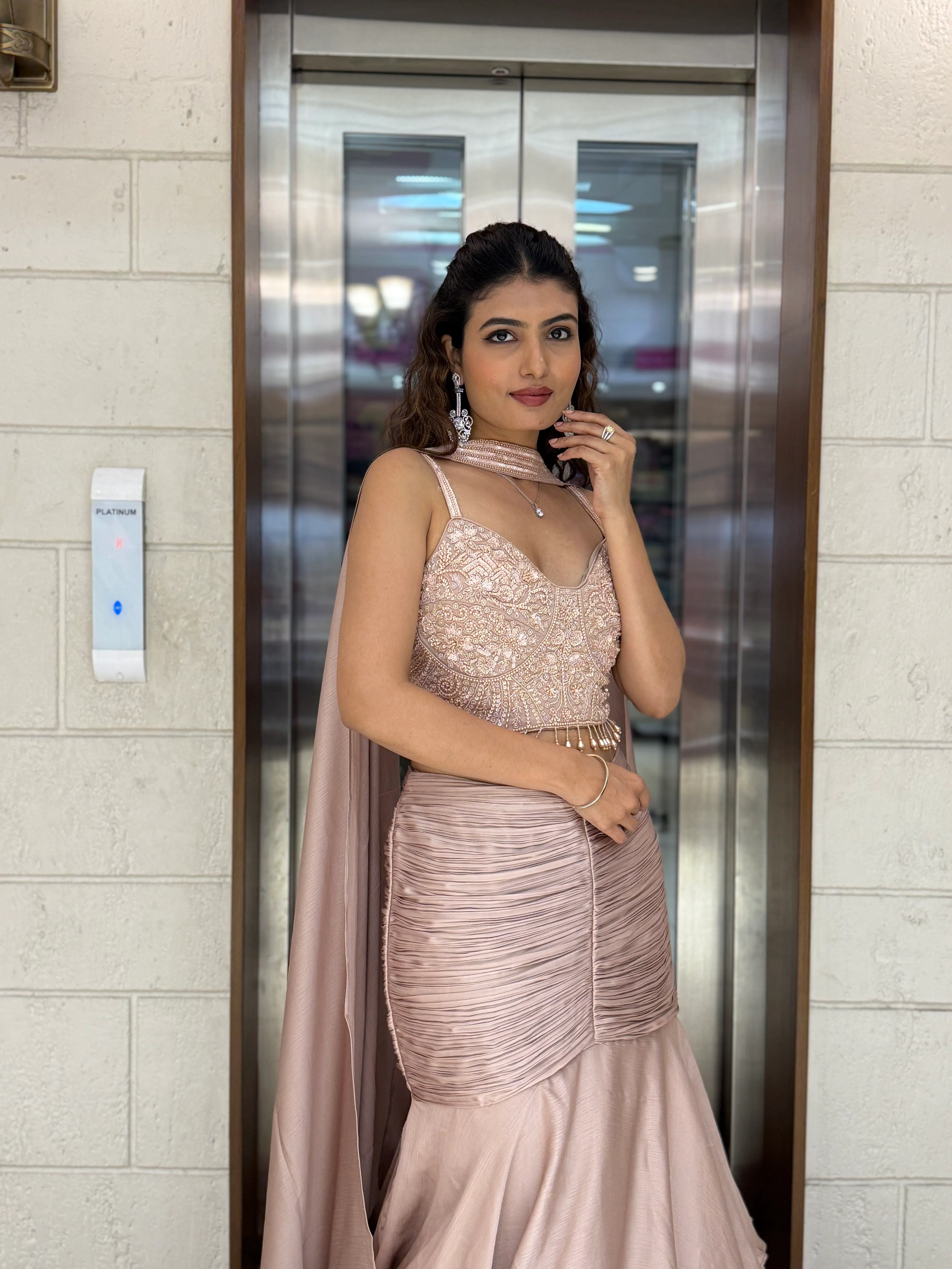 Blush Pink Indo-Western Layered Mermaid Gown with Embellished Corset & Draped Cape - Image 5