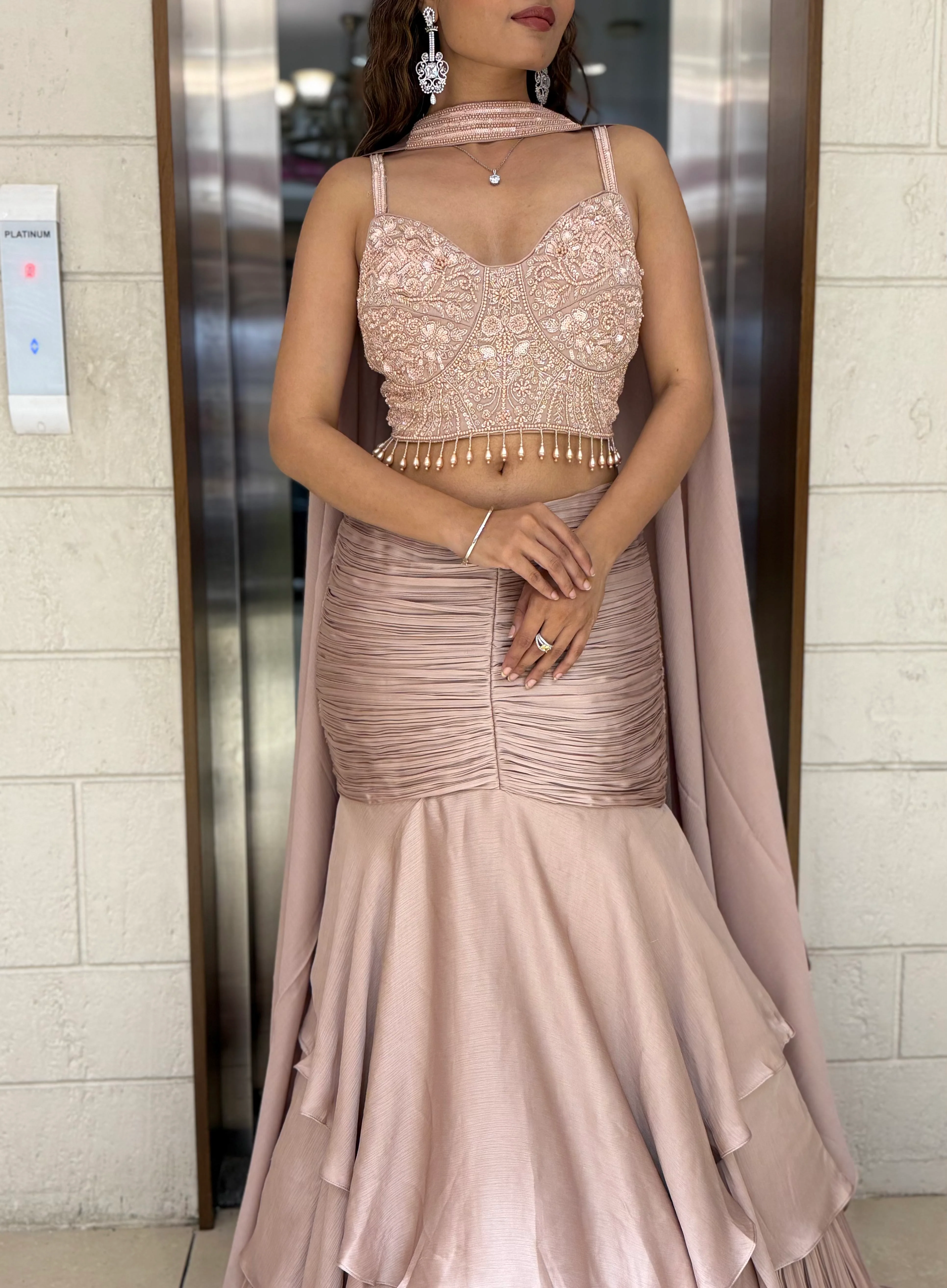 Blush Pink Indo-Western Layered Mermaid Gown with Embellished Corset & Draped Cape - Image 6