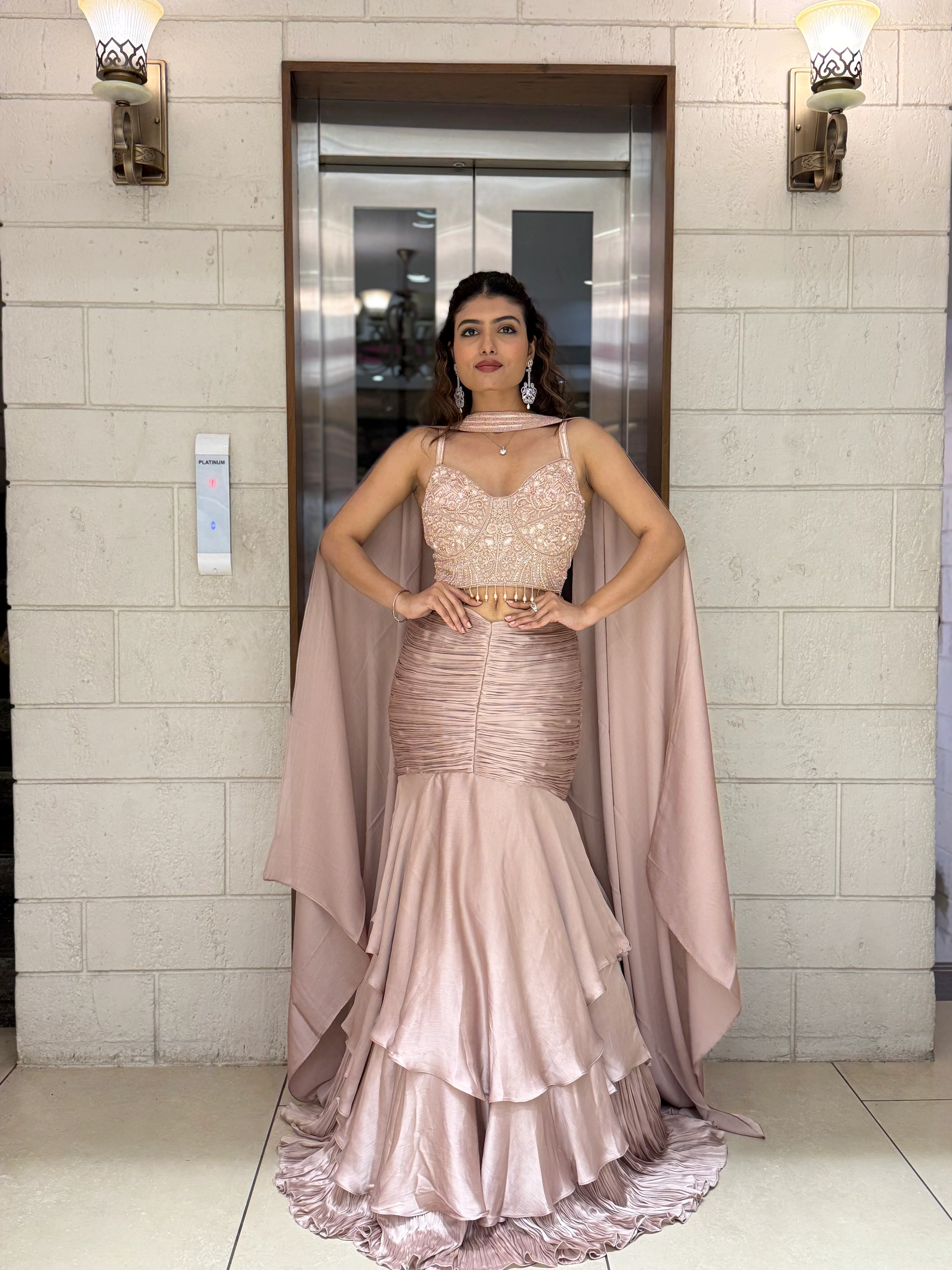 Blush Pink Indo-Western Layered Mermaid Gown with Embellished Corset & Draped Cape - Image 7