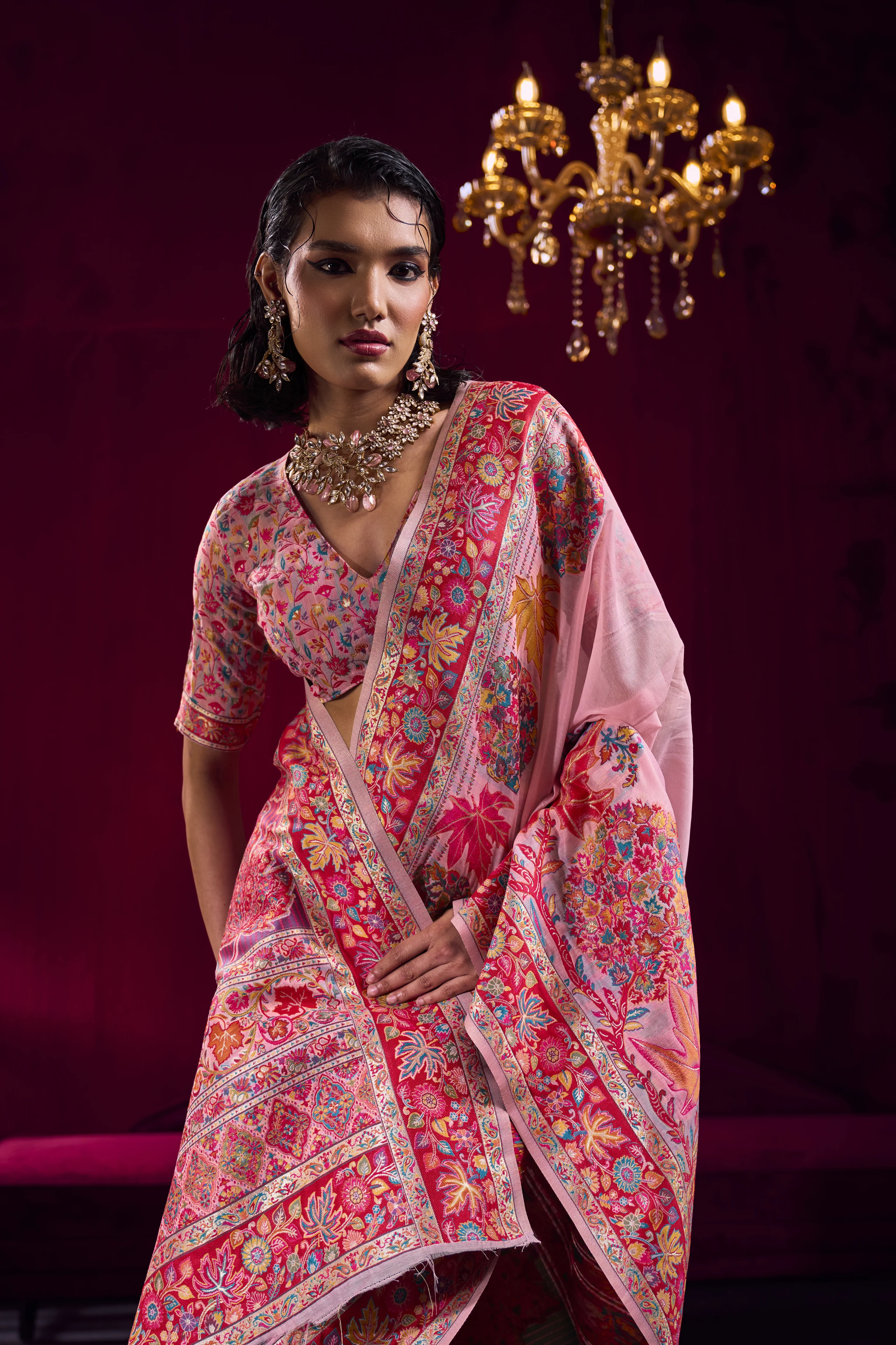 Blush Pink Kashmiri Modal Pashmina Saree with Multicolor Floral Weaving - Image 2