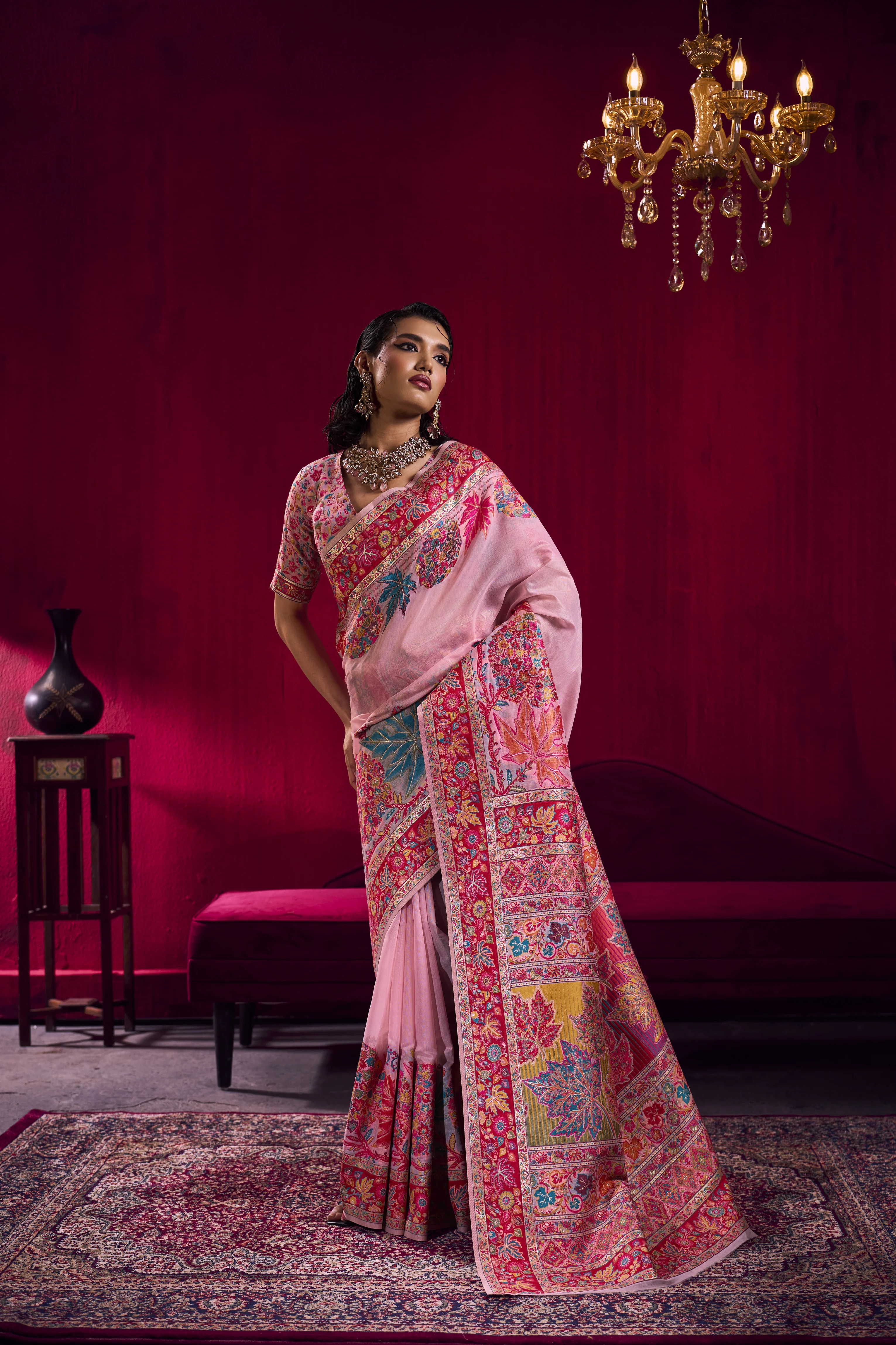 Blush Pink Kashmiri Modal Pashmina Saree with Multicolor Floral Weaving - Image 3