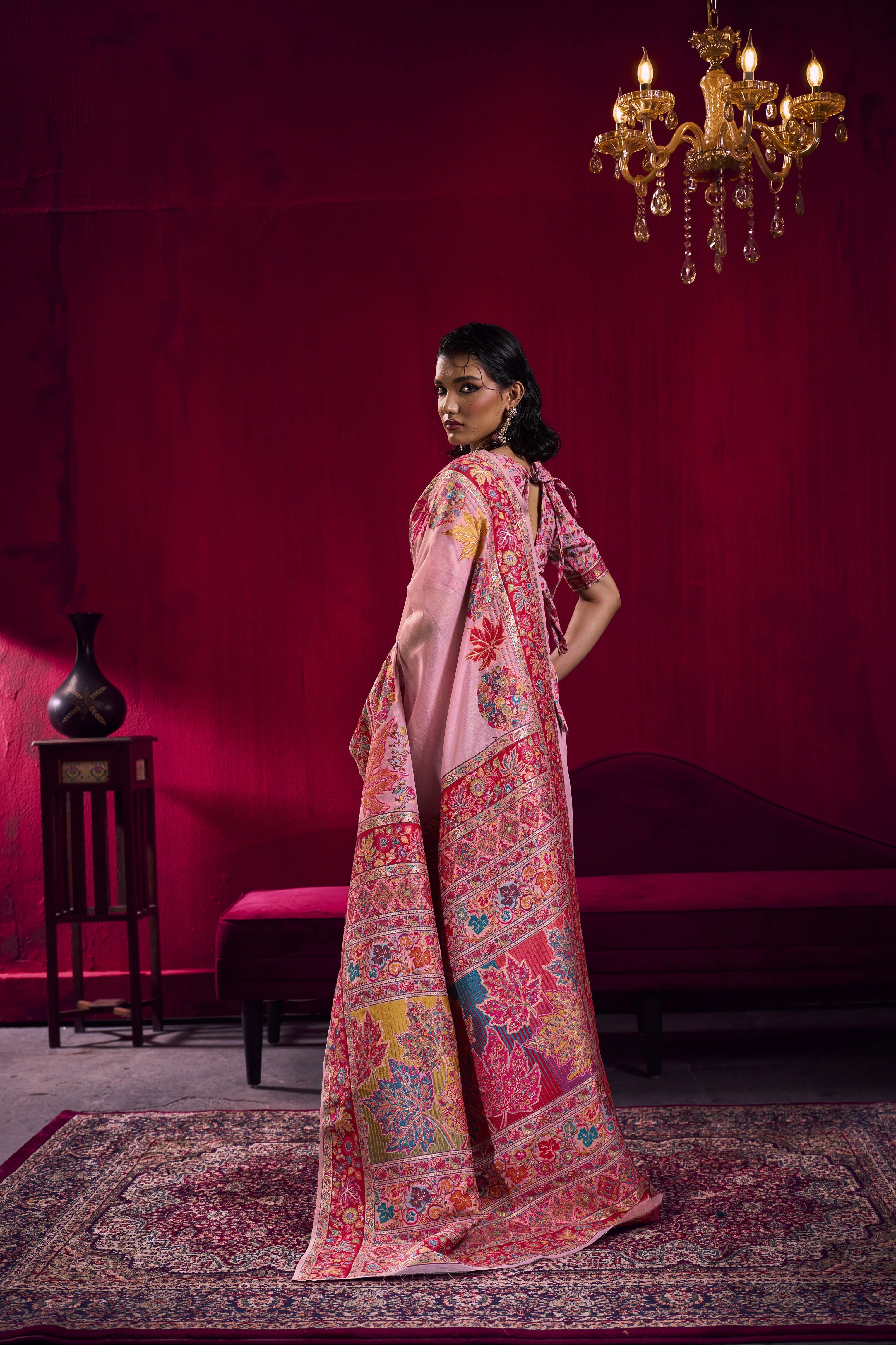 Blush Pink Kashmiri Modal Pashmina Saree with Multicolor Floral Weaving - Image 4