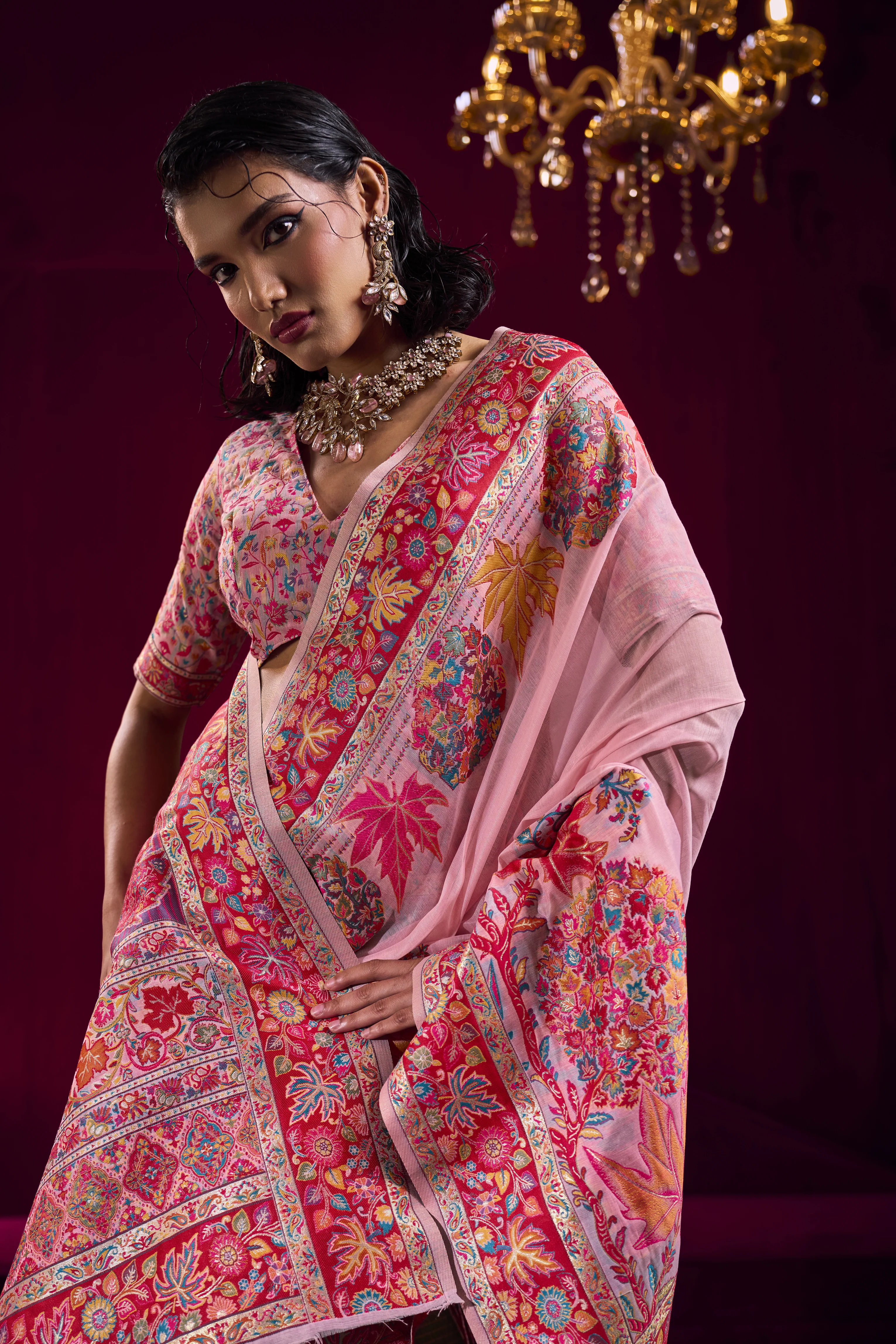 Blush Pink Kashmiri Modal Pashmina Saree with Multicolor Floral Weaving - Image 5