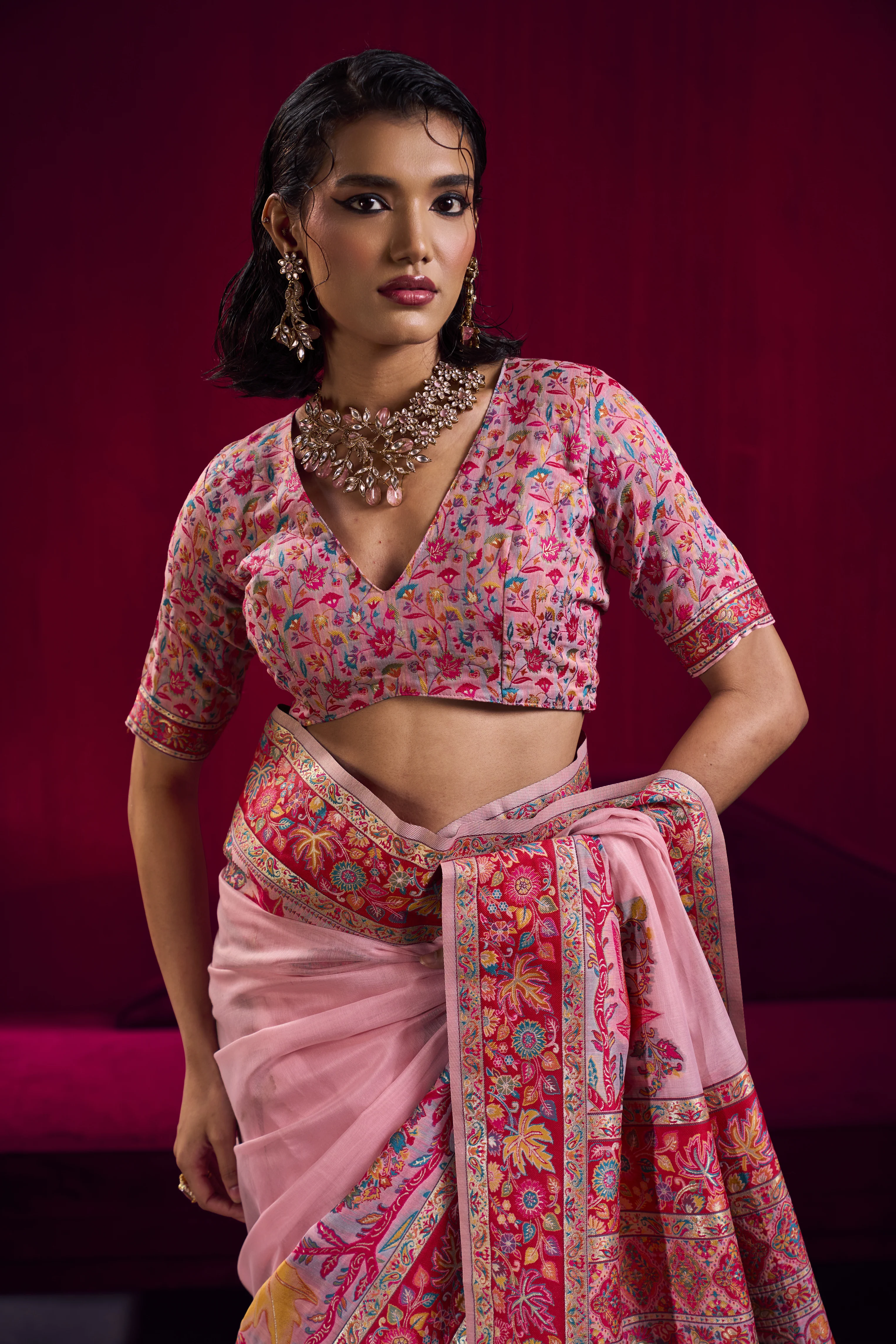 Blush Pink Kashmiri Modal Pashmina Saree with Multicolor Floral Weaving - Image 6