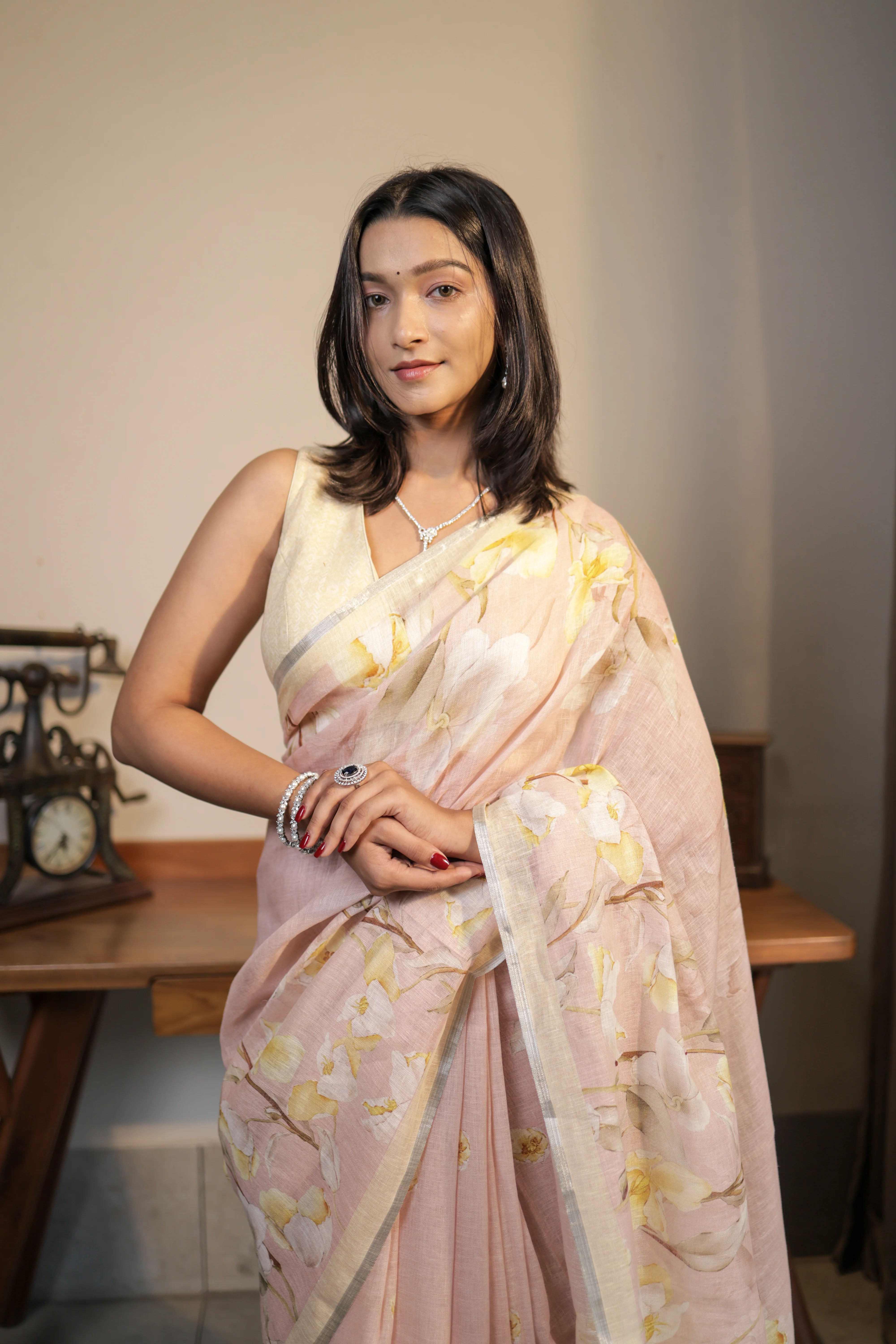 Blush Pink Linen Blend Saree with Subtle Yellow Floral Digital Print Unstitched Blouse - Image 2