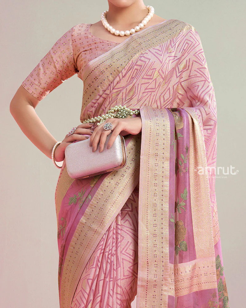 Blush Pink Printed Saree with Unstitched Blouse - Image 3