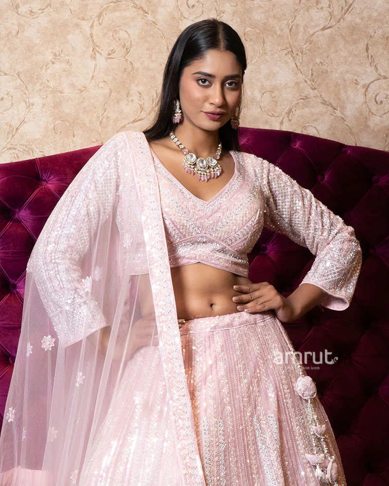 Blush Pink Sequin Embroidered Designer Lehenga Set with Net Dupatta - Image 2