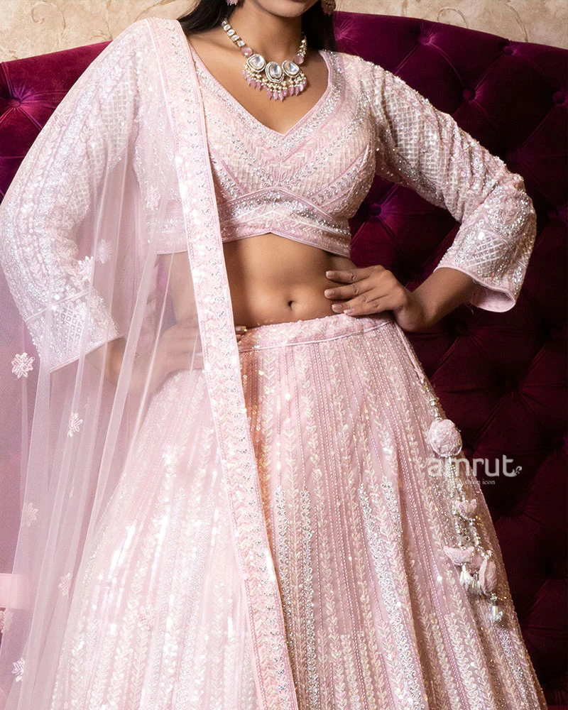 Blush Pink Sequin Embroidered Designer Lehenga Set with Net Dupatta - Image 3