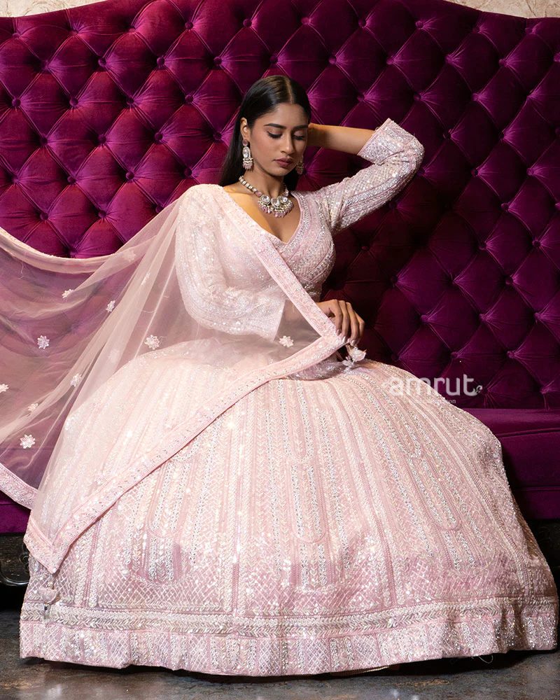 Blush Pink Sequin Embroidered Designer Lehenga Set with Net Dupatta - Image 4