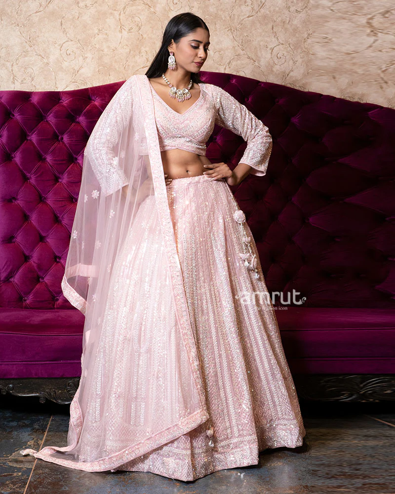 Blush Pink Sequin Embroidered Designer Lehenga Set with Net Dupatta - Image 5