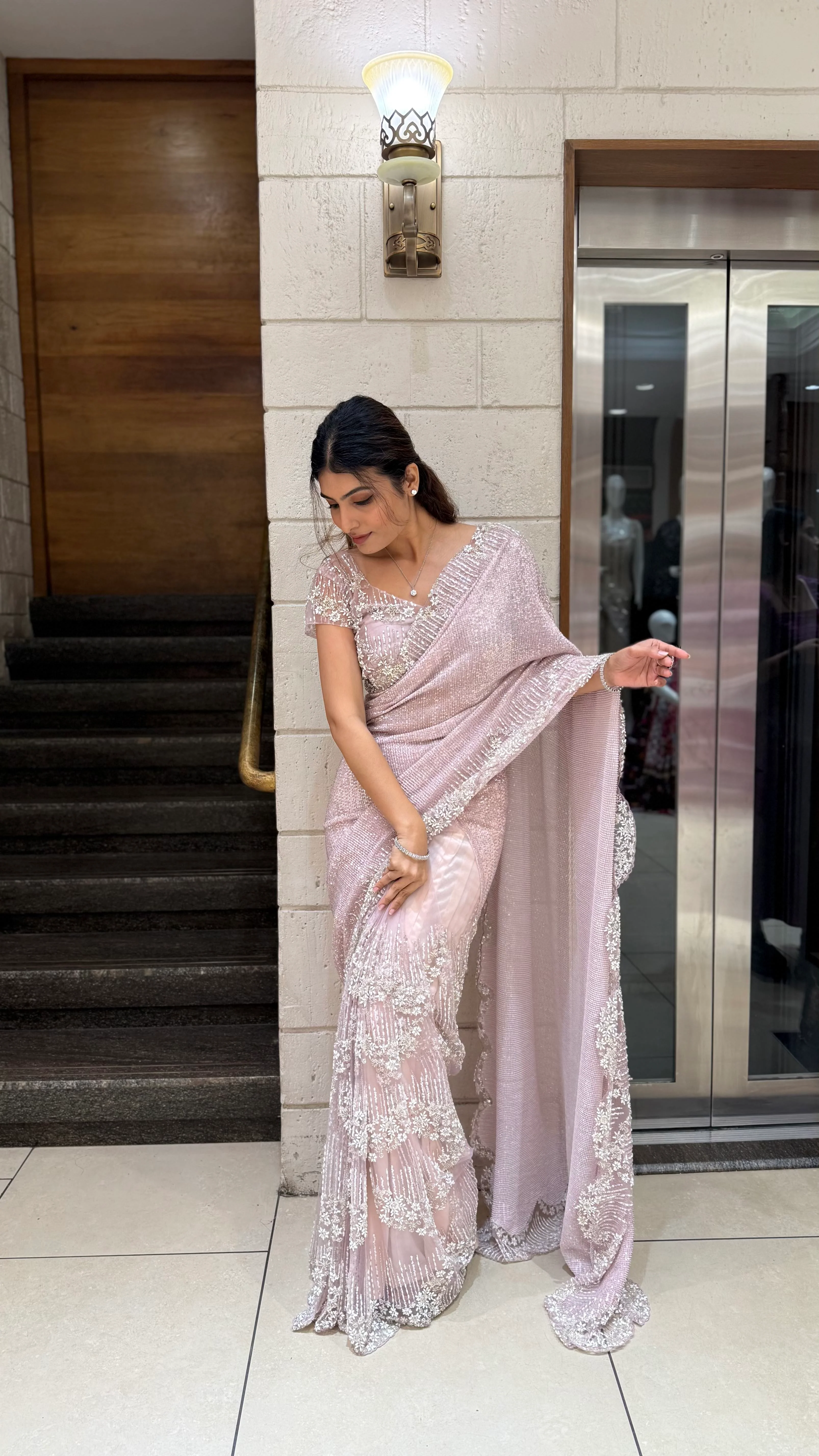 Blush Pink Sequin & Pearl Embellished Designer Saree - Image 3