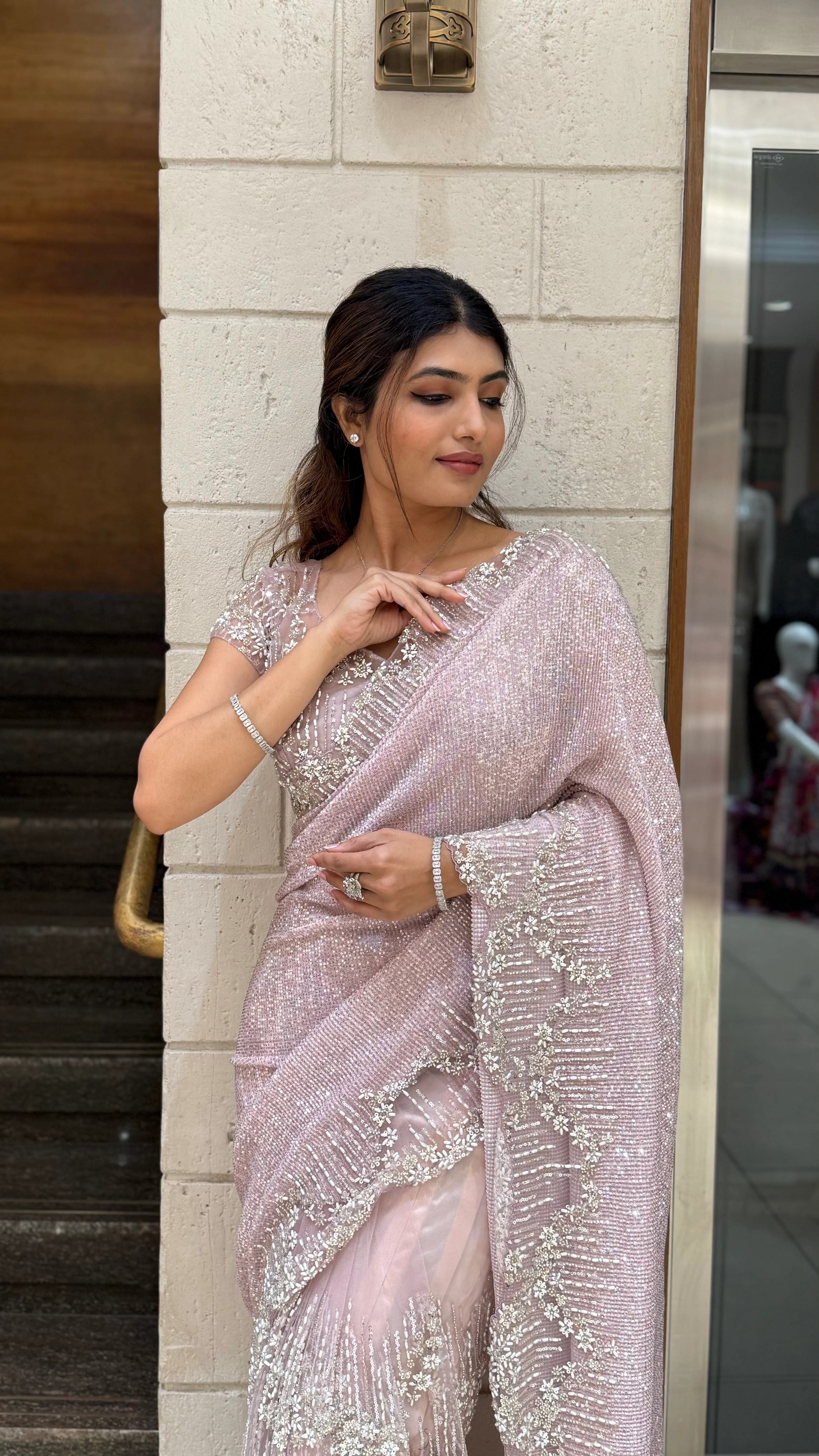 Blush Pink Sequin & Pearl Embellished Designer Saree - Image 4
