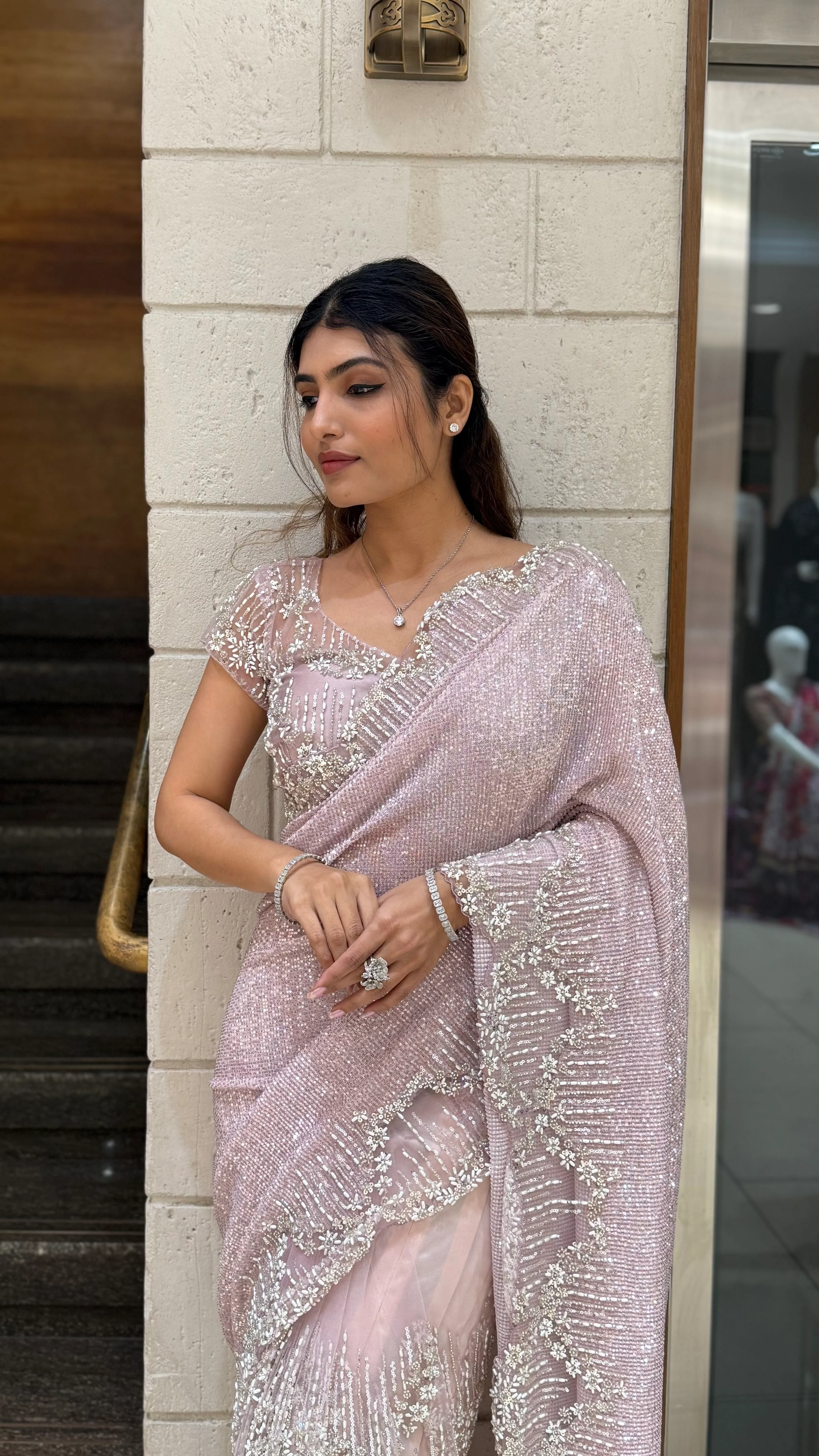 Blush Pink Sequin & Pearl Embellished Designer Saree - Image 5